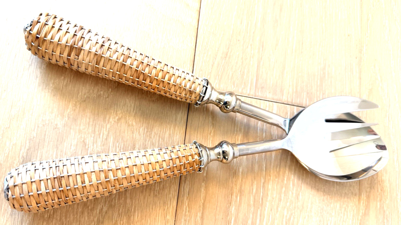 12 Inch Salad Serving Set. Rattan Wrapped Handles