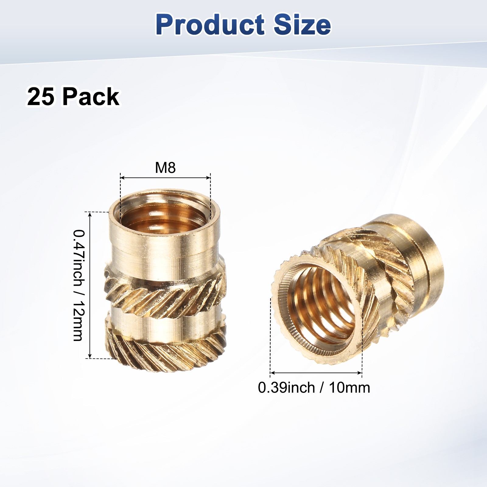 25-Pack Threaded Inserts - M8 x 12mm Brass Heat Set Insert Nuts 10mm OD