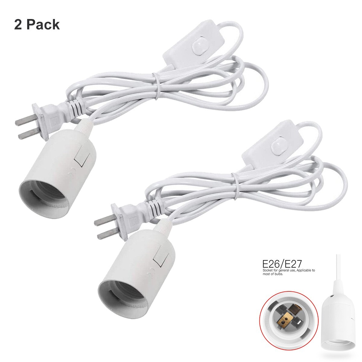2 PCS E26 E27 Light Bulb Socket Wall Outlet Adapter On/Off Switch Extension Cord