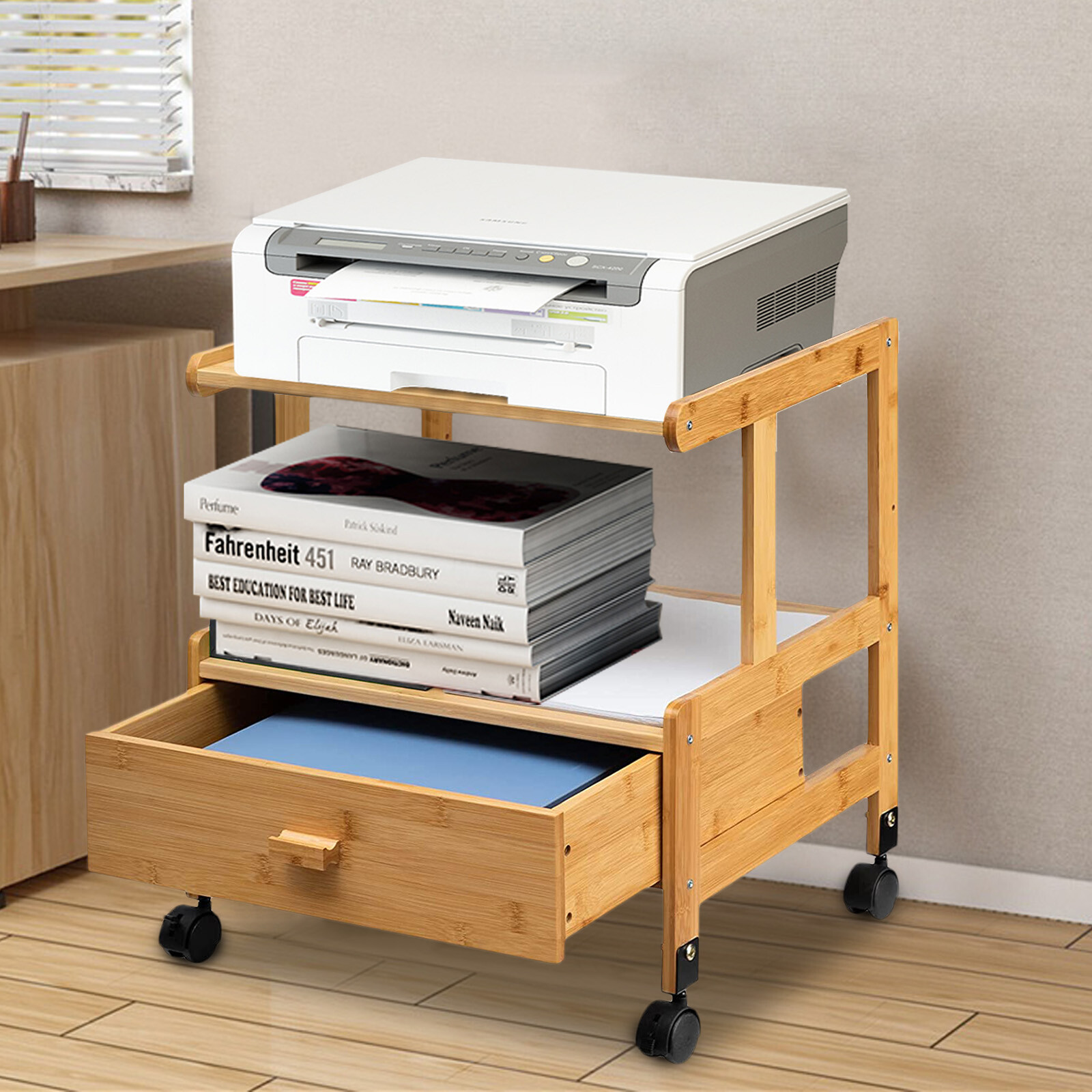 Printer Stand Wheels 2 Tiers Shelf Desk Machine Bamboo Cart Rolling Storage Rack