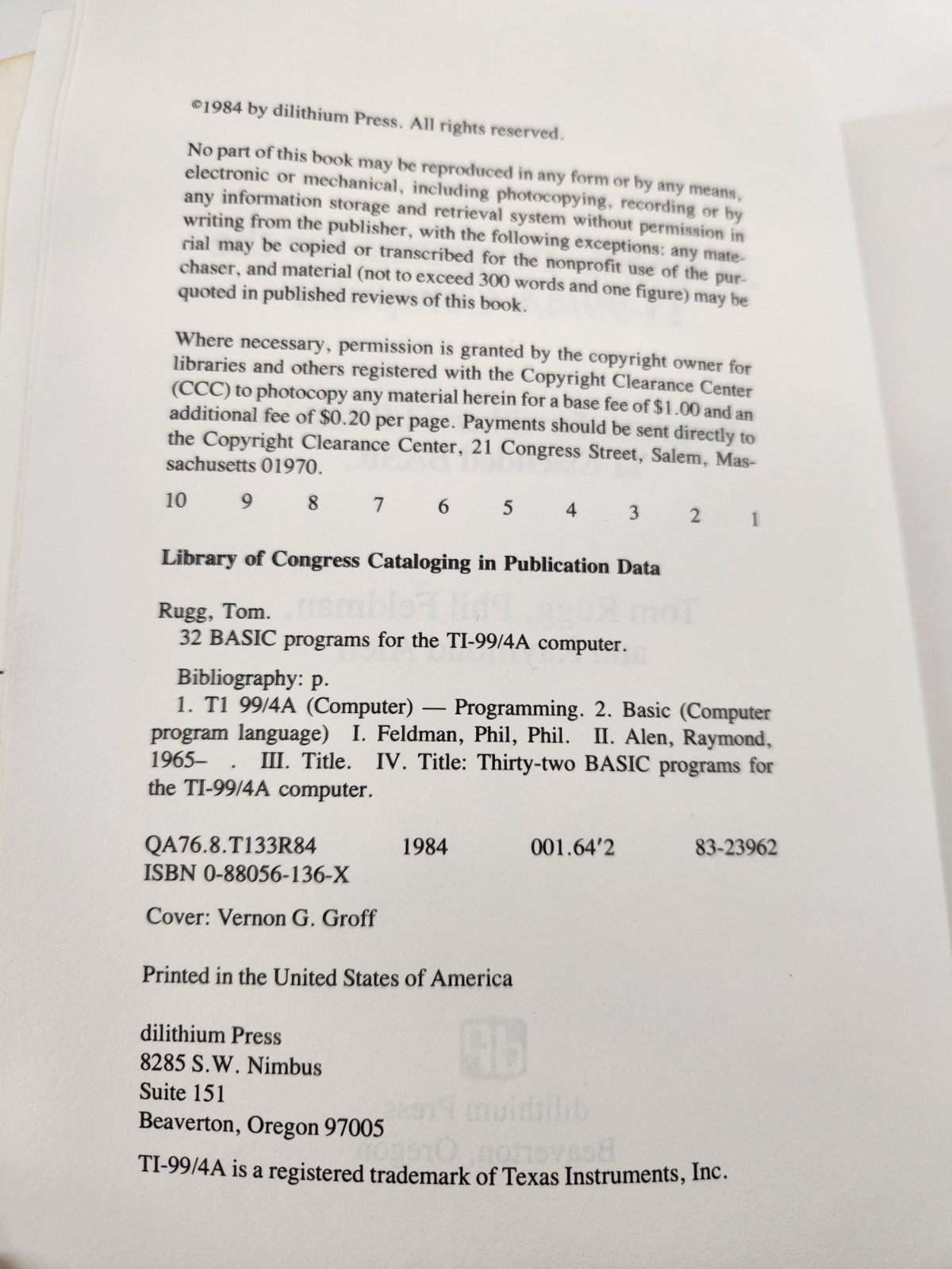 32 Basic Programs for the TI 99/4a Computer: Programs for TI 1984 paperback
