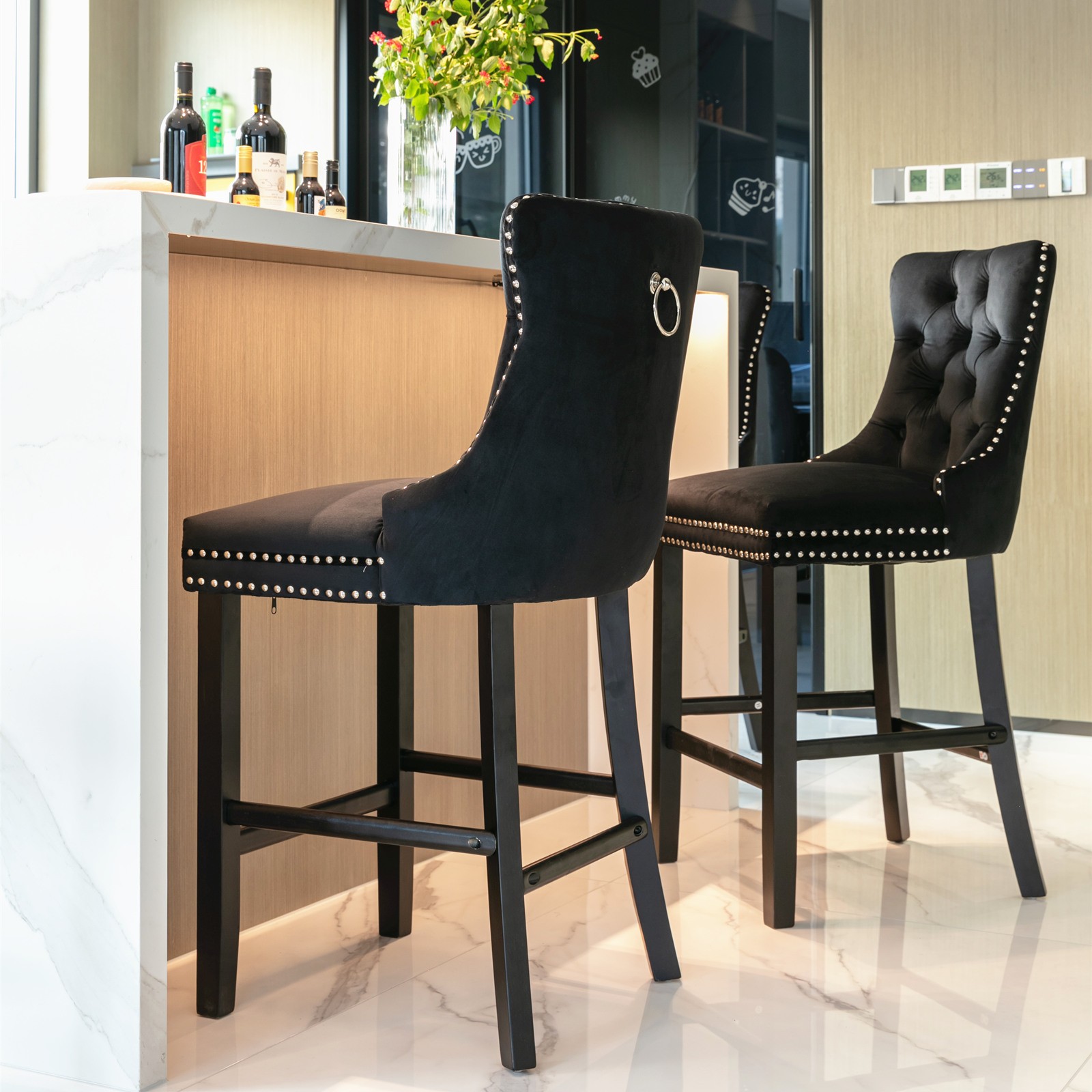 Contemporary Velvet Upholstered Barstools with Button Tufted Decoration and Wo