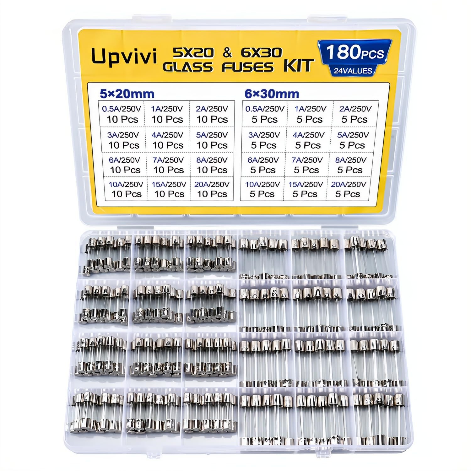 Fast Blow Glass Fuse Assortment Kit 24 Values 5x20mm 6x30mm 250V 0.5A-20A Tube F