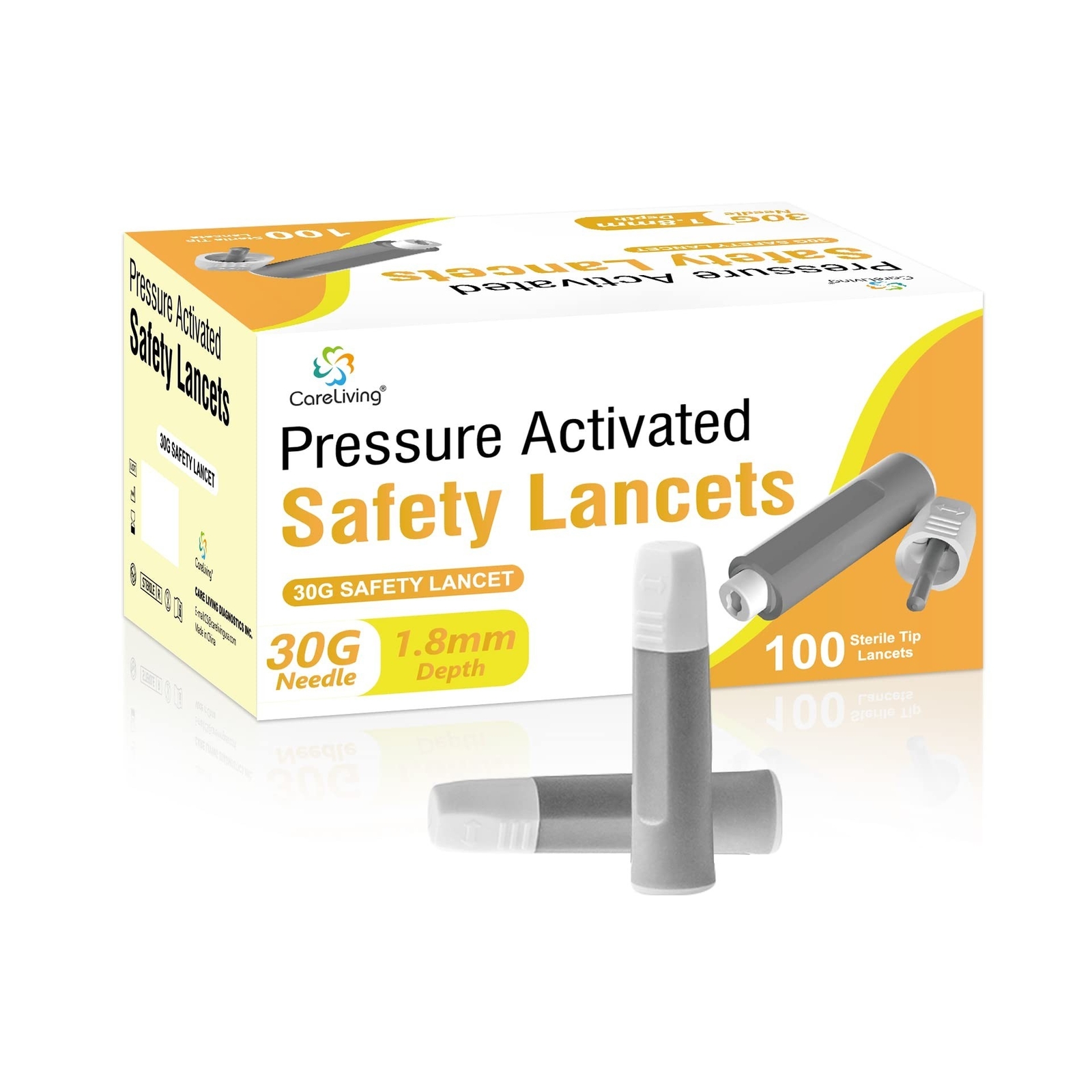 Safety Lancets, Sterile, Pressure Activated, 30 Gauge Needle, 1.8 mm, 100 Cou...