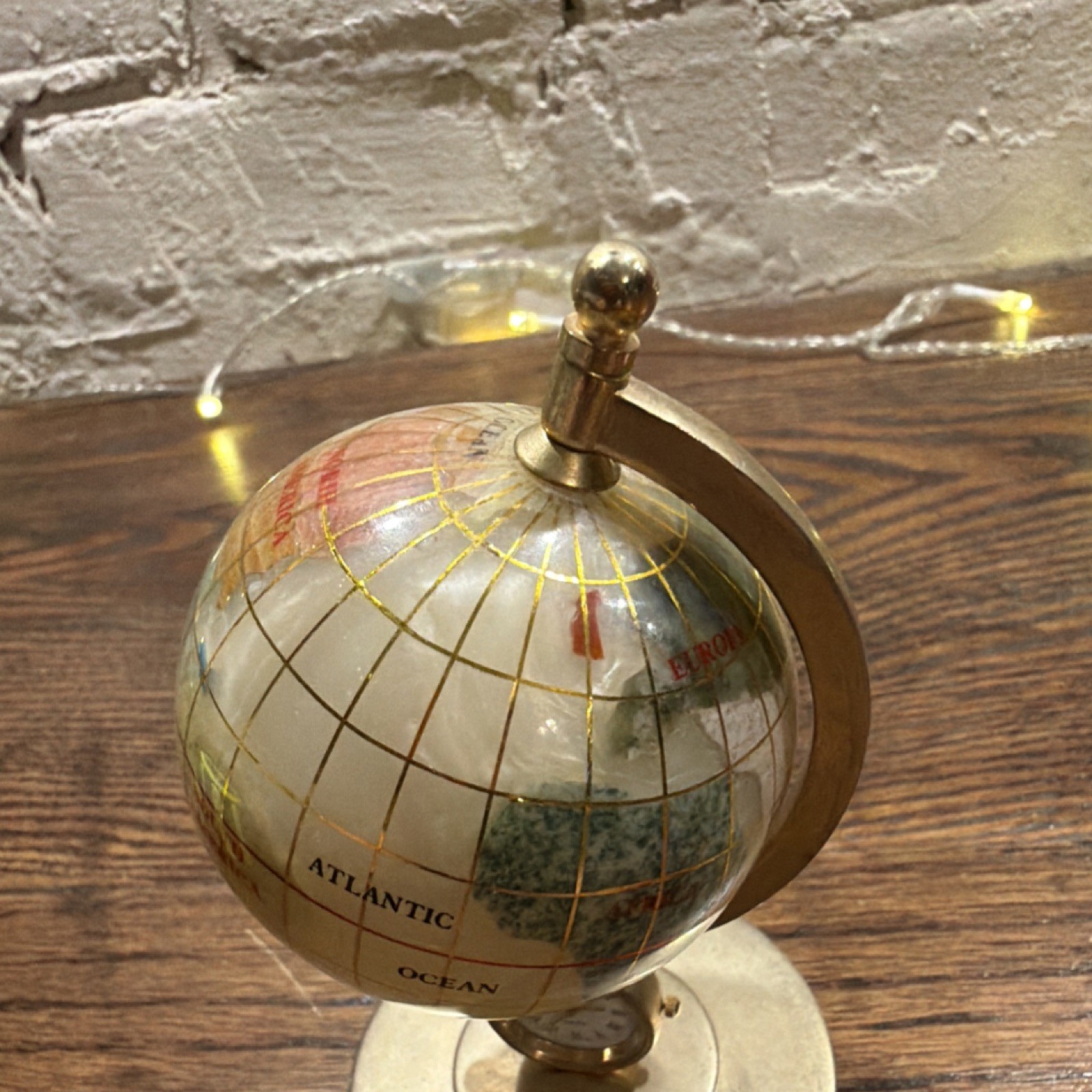 Small Rotating Tabletop World Globe w/ Built-In Clock, Gold Metal Base