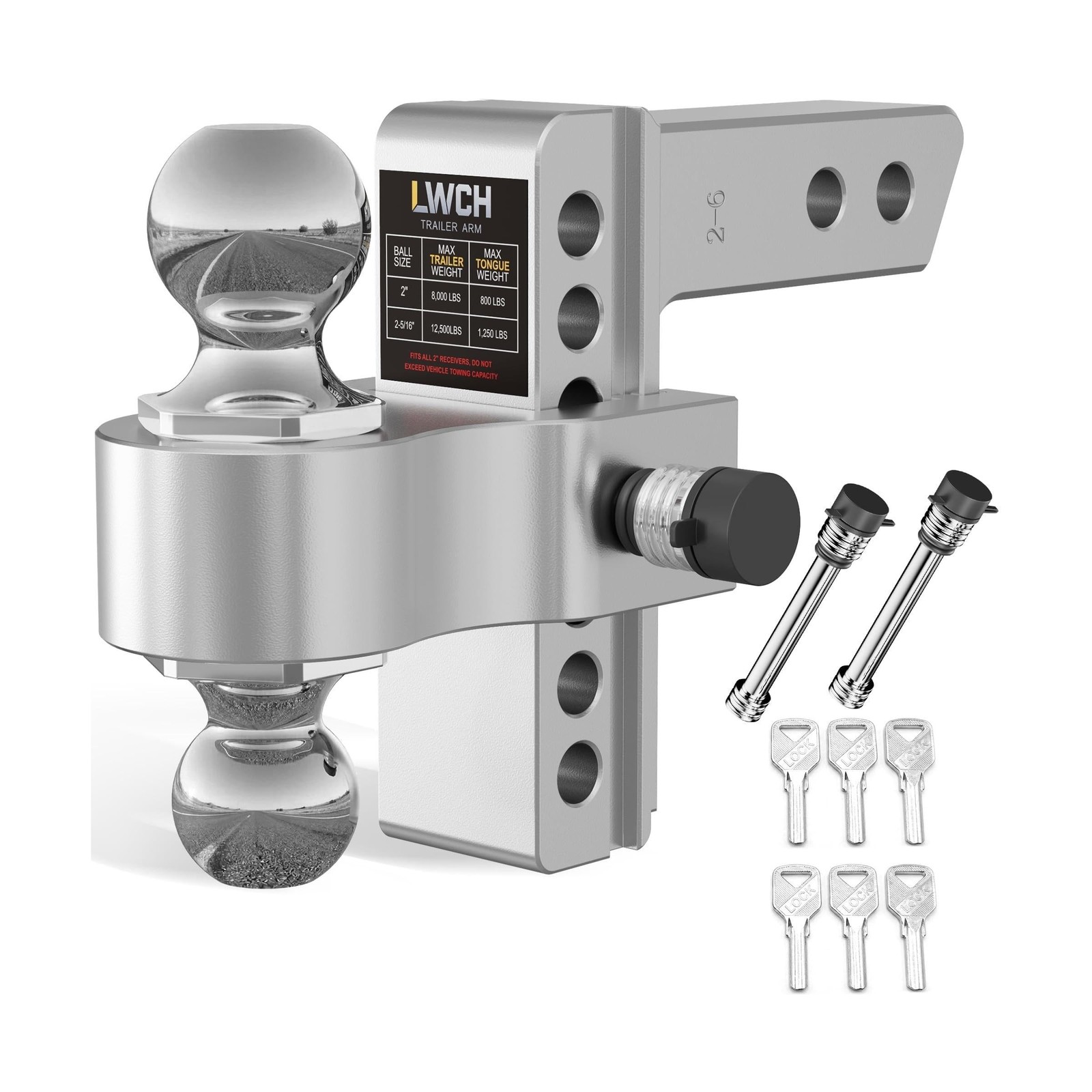 Adjustable Trailer Hitch, Fit 2 Inch Receiver, 12,500 LBS GTW, Heavy Duty Alu...