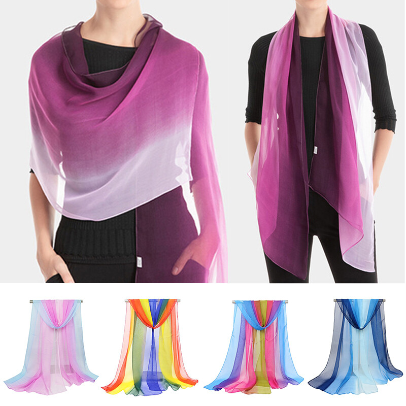 Women Gradient Long Soft Silk Chiffon Scarf Wrap Shawl Stole Pashmina Scarves N