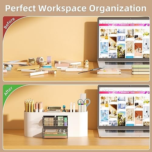 Desk Organizer Pen Holder for Desk with 3 Drawers, Multi-Functional White