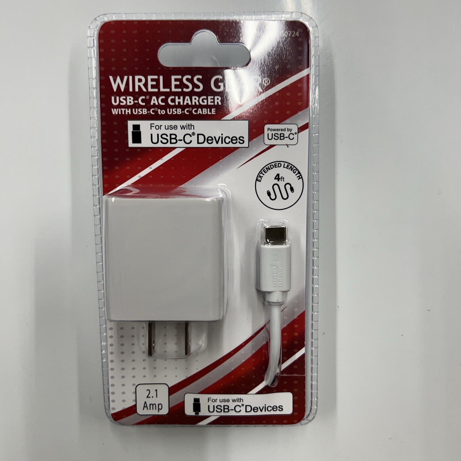 Wireless Gear USB-C AC Charger w/USB-C to USB-C Cable 4ft 2.1 Amp 1 Pack