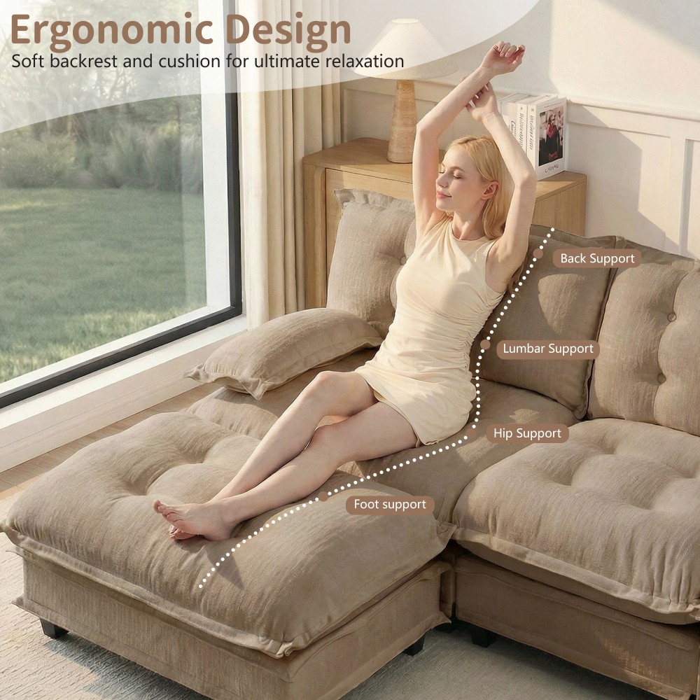 4 Seat L Shaped Sectional Sofa with Ottoman, Chenille Cloud Couch