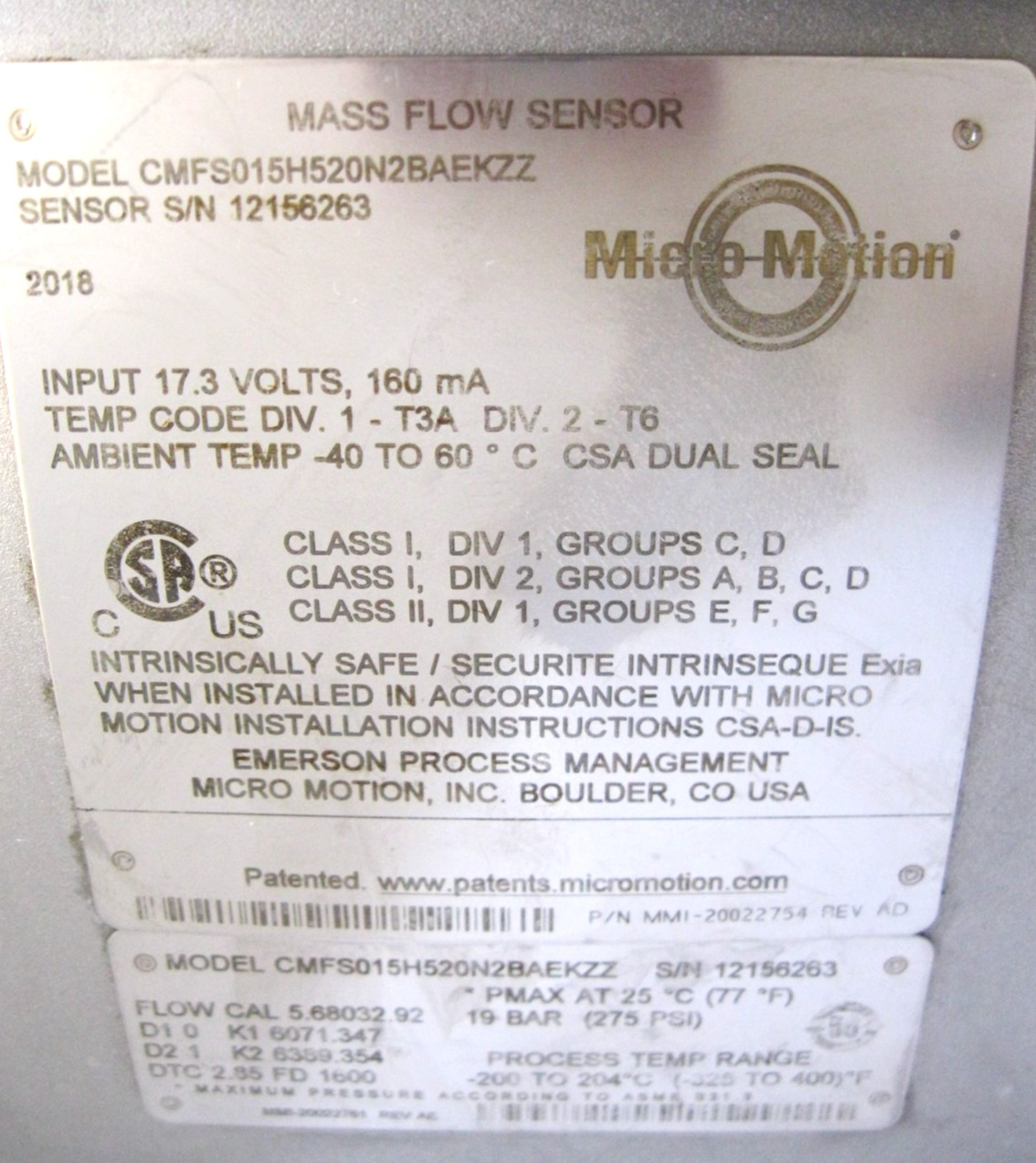 1/2" 150# Micro Motion CMFS015 H Flow Sensor 800 Enhanced Core Processor 2018 E3