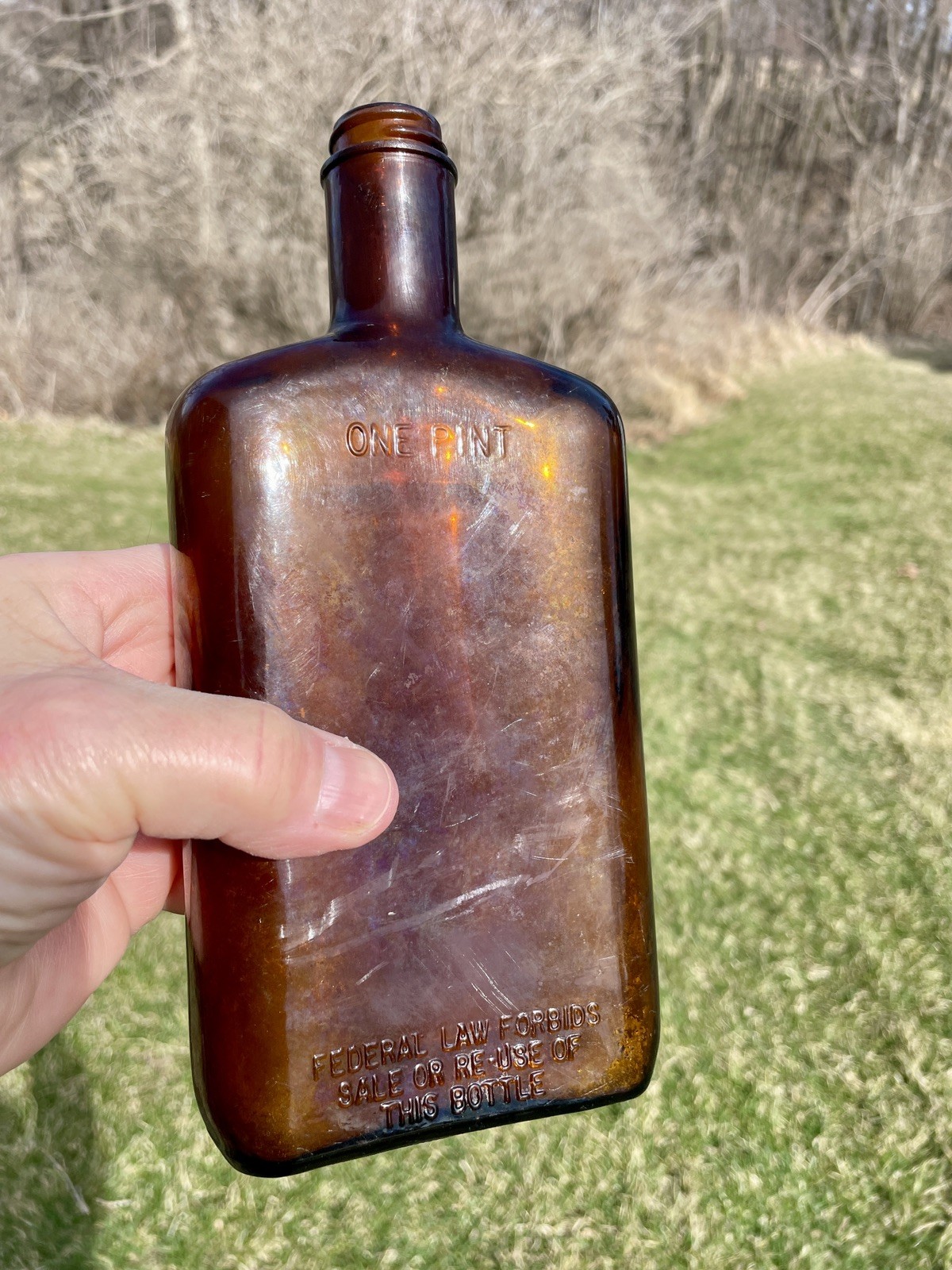 Vintage FEDERAL LAW FORBIDS SALE OR RE-USE Brown Pint Whiskey Bottle