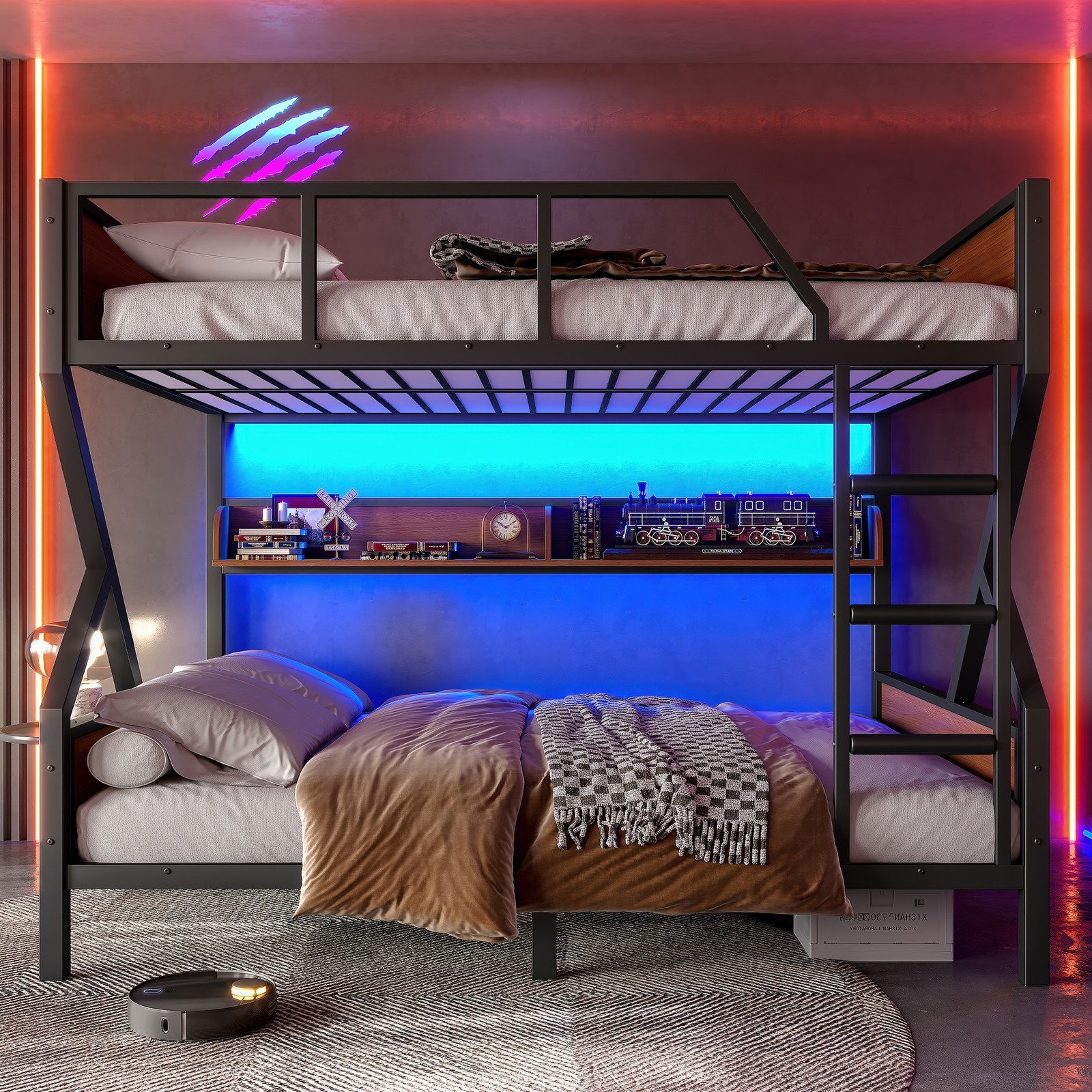 Metal Full over Full Bunk Bed with Storage Shelves Lights Space-saving Black New