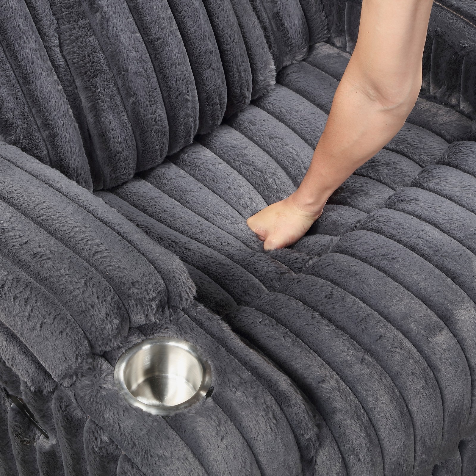 Reclining Sofa w/ Cup Holders Dark Gray Corduroy 3 Seater Living Room Furniture