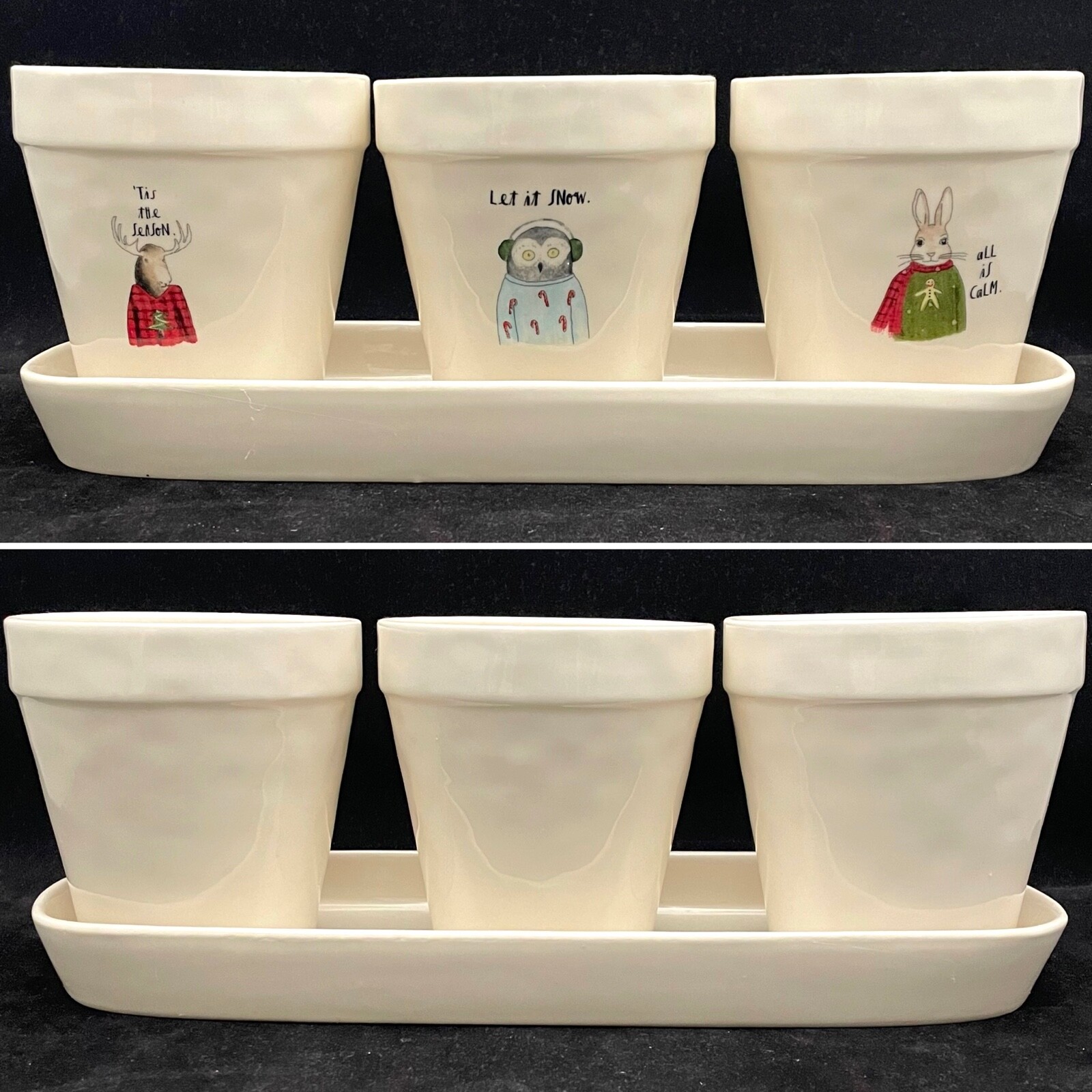Rae Dunn 2017 Rare Christmas Planter Trio TIS THE SEASON*LET IT SNOW*ALL IS CALM