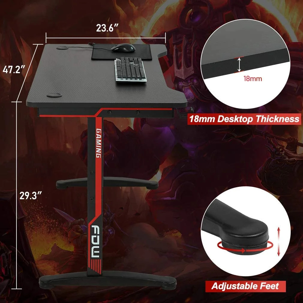 47" Gaming Desk Computer Table w/ Cup Holder Headphone Hook