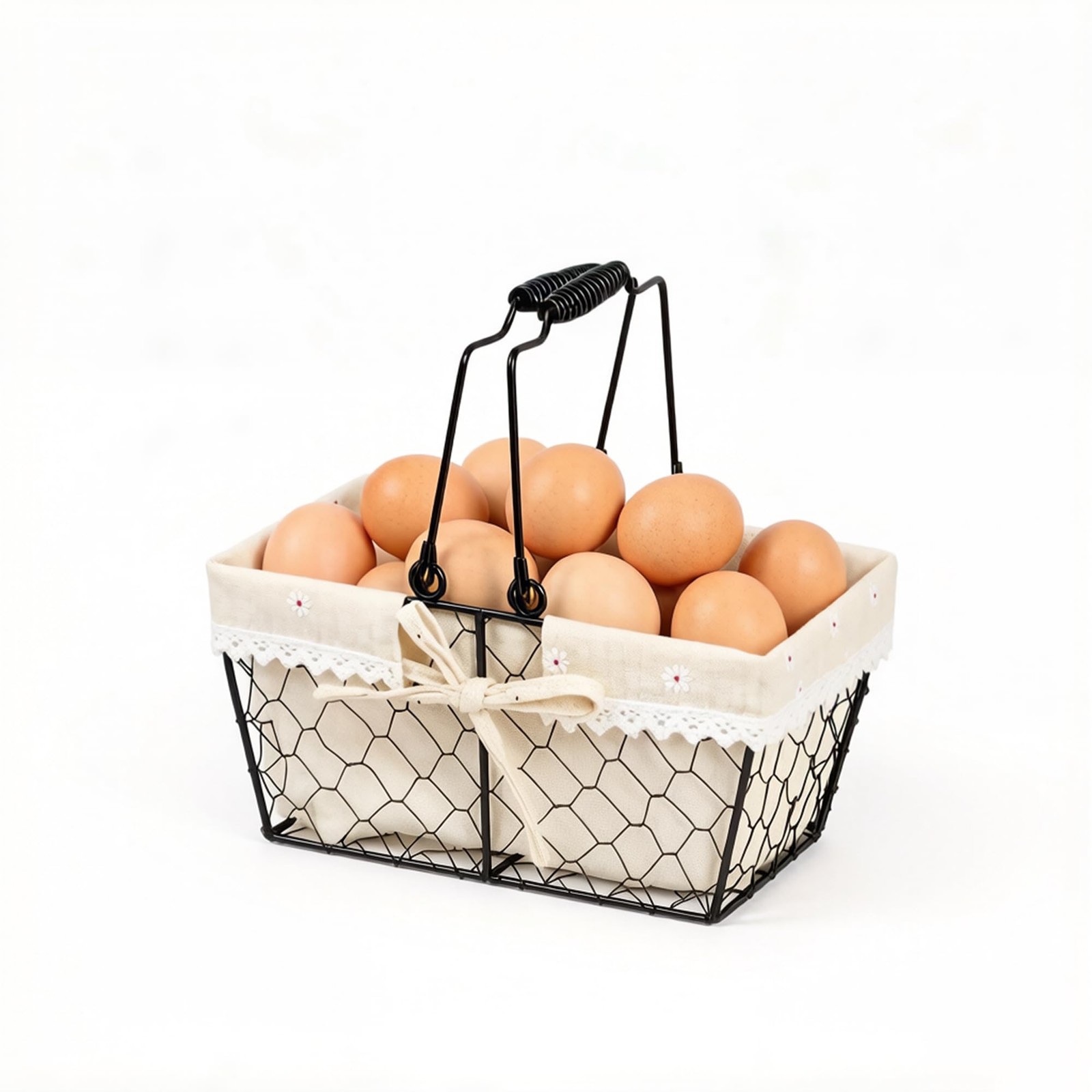 Farmhouse Vintage Metal Wire Chicken Egg Basket with Handle, Square Storage B...