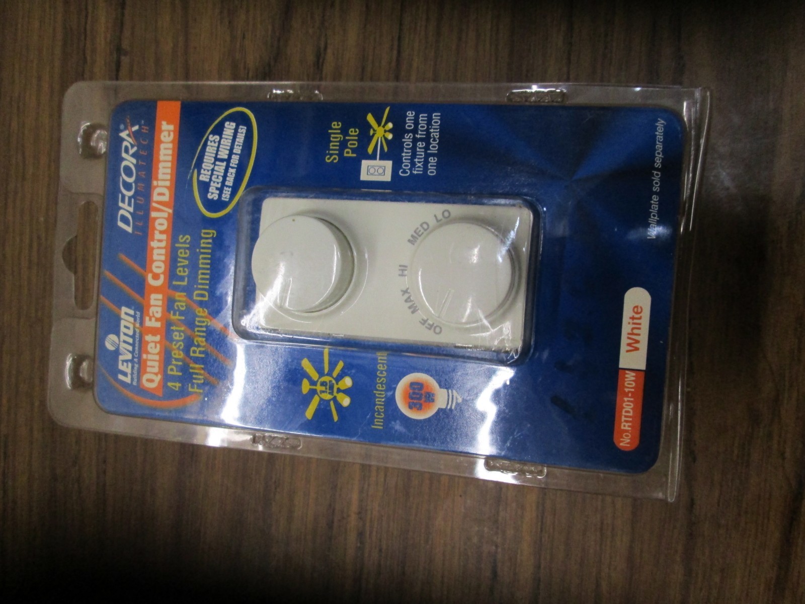 Leviton Decora RTD01 Quiet Fan Control Dimmer White Single Pole Rotary