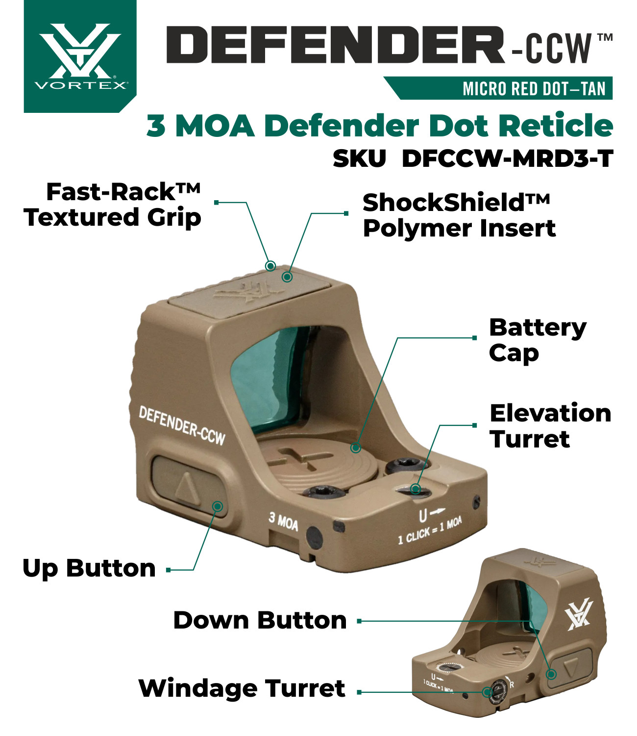 Vortex Optics Defender-CCW 3 MOA Micro Red Dot Tan DFCCW-MRD3-T