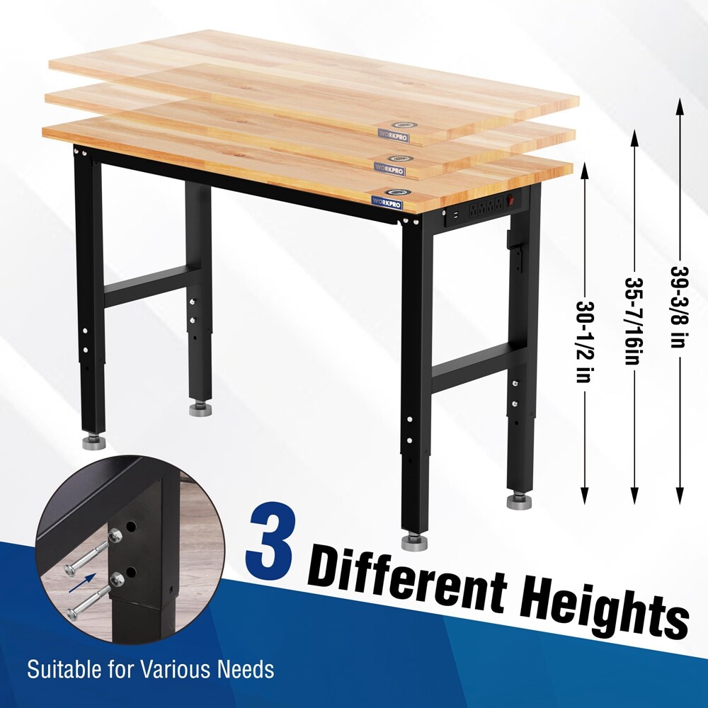 Workpro 48" Workbench Adjustable Height Work Table 1500LBS Load Rubber Wood Top