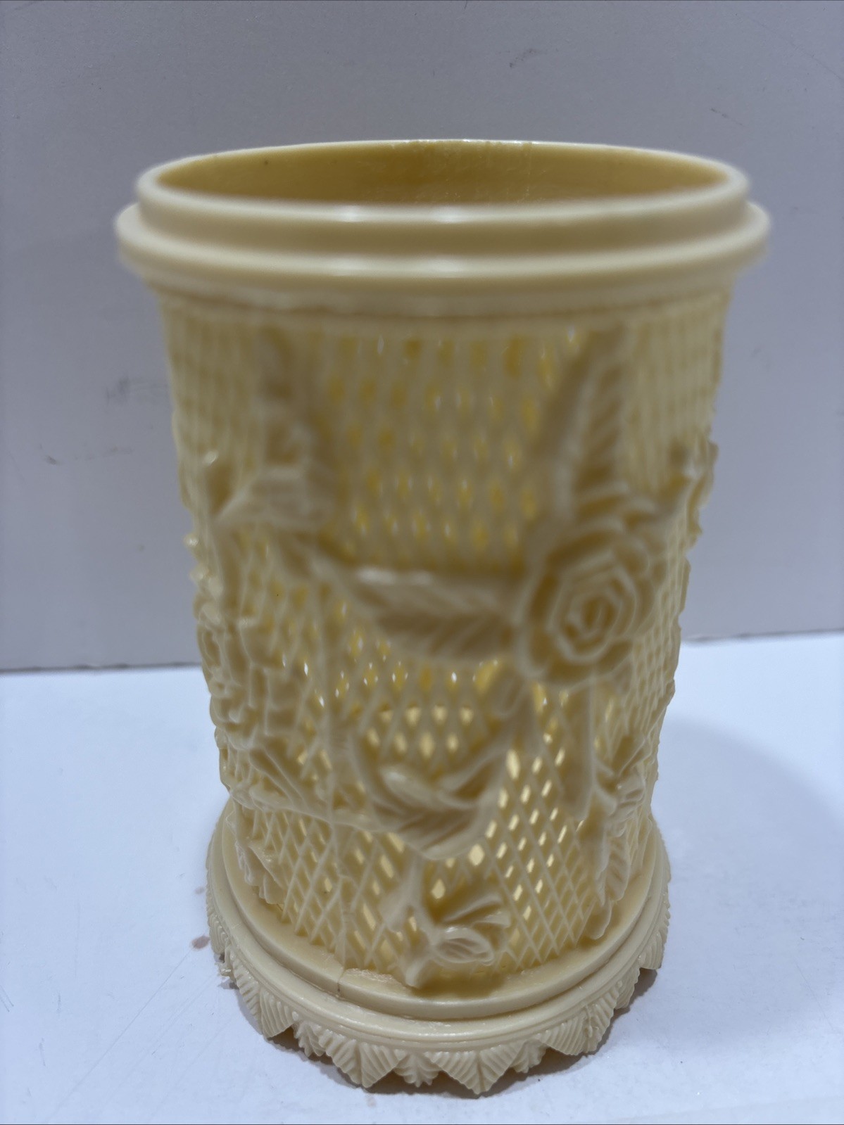 Celluloid Rose Container 1970  4” Tall  2 .5” Wide
