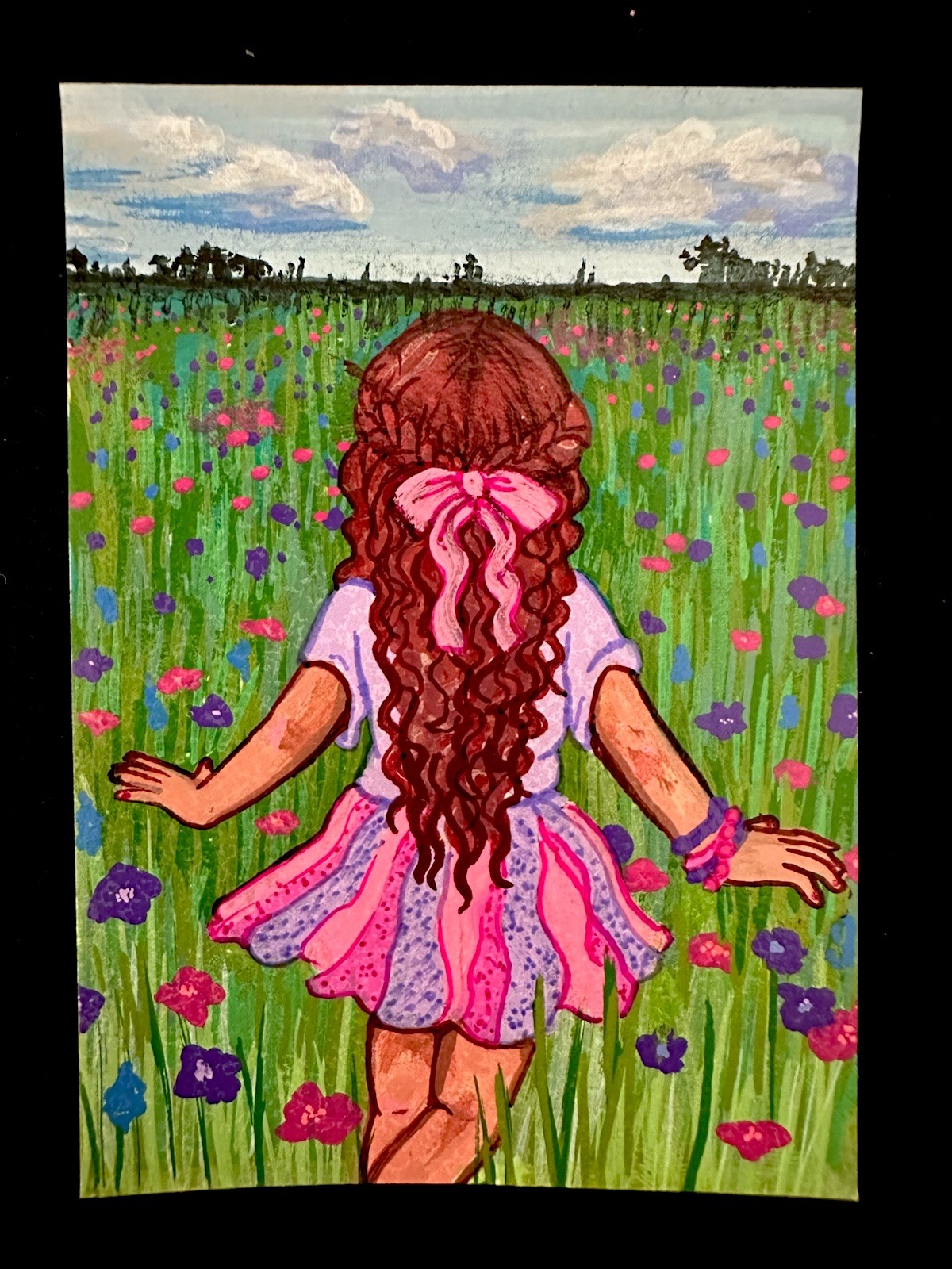 ACEO Original Girl In Flower Field Landscape Acrylic Art MaegickalArt