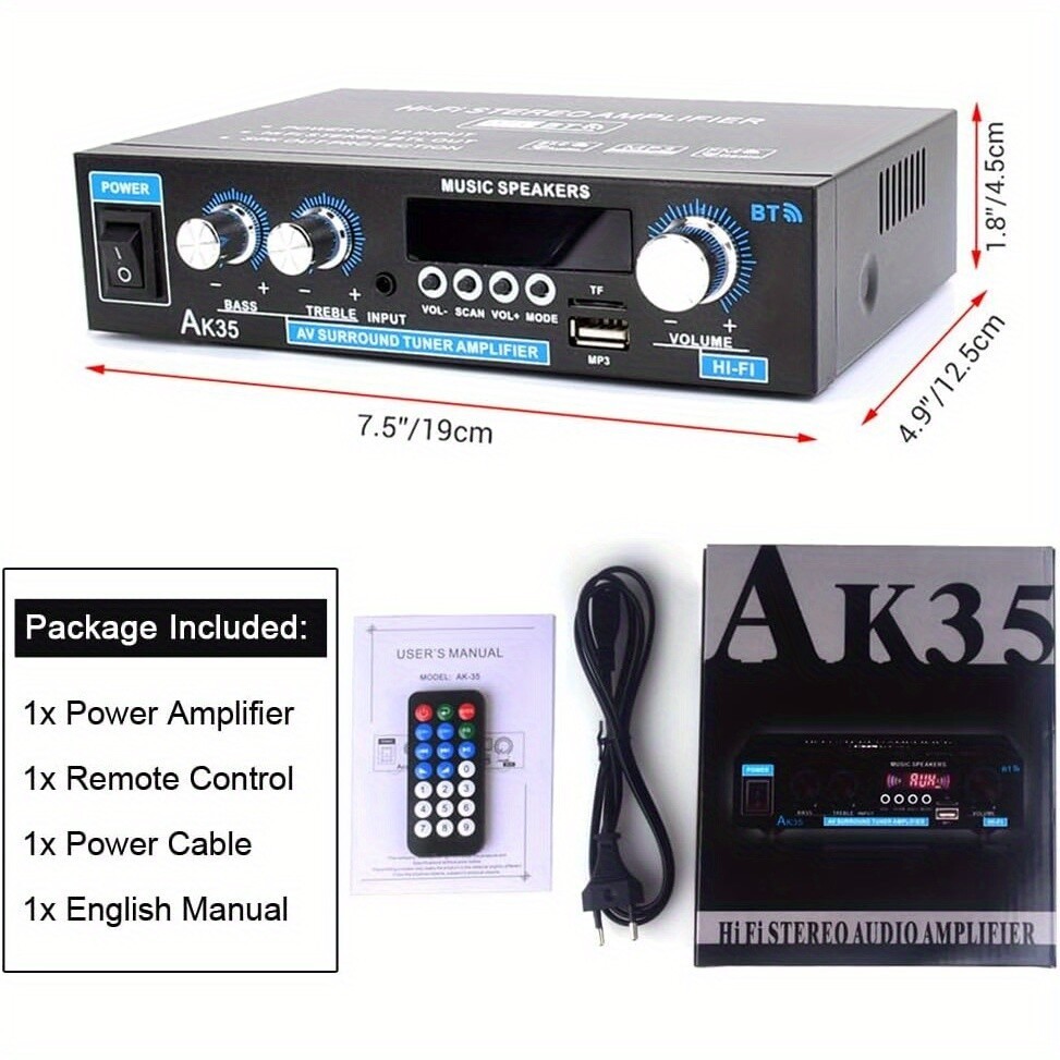 AK35 Stereo Amplifier Home Audio Bluetooth 2.0 Max 200W Power Stereo Receiver US