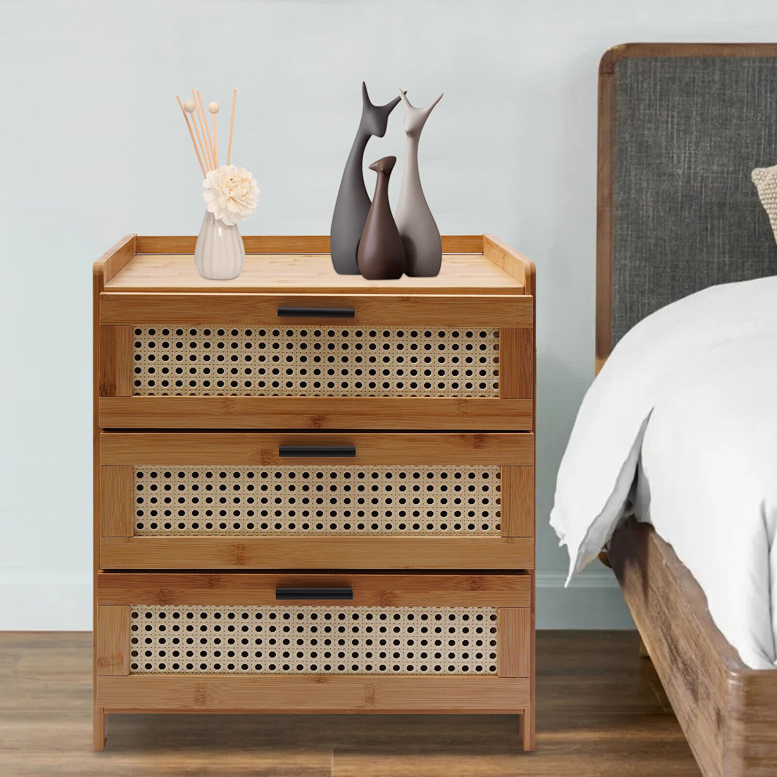 Nightstand with Drawers, Mid-Century Modern Bamboo Accent Sofa Side Table