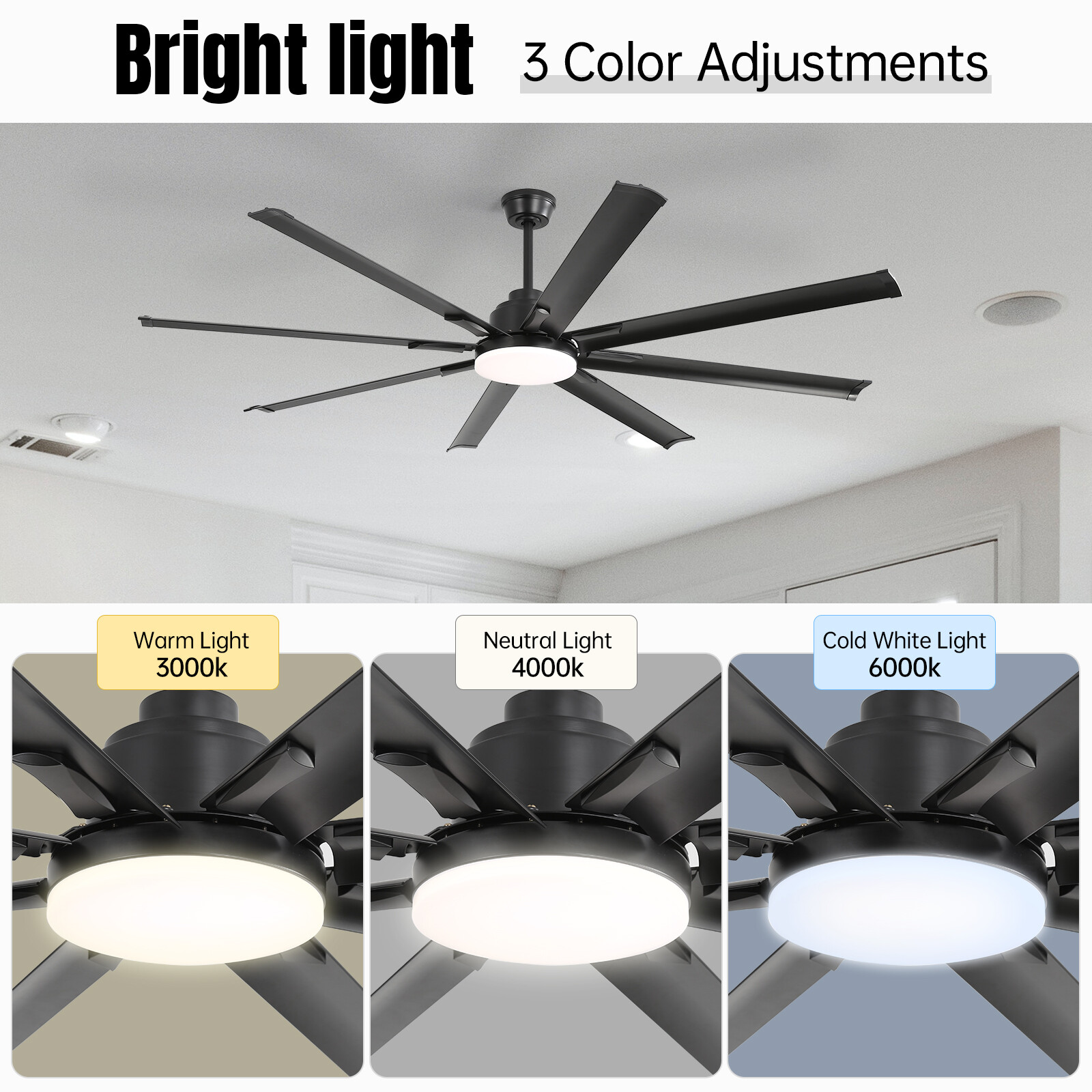 Large 72in Smart Ceiling Fan DC Motor 8 Blade LED Light Remote Control Timer APP