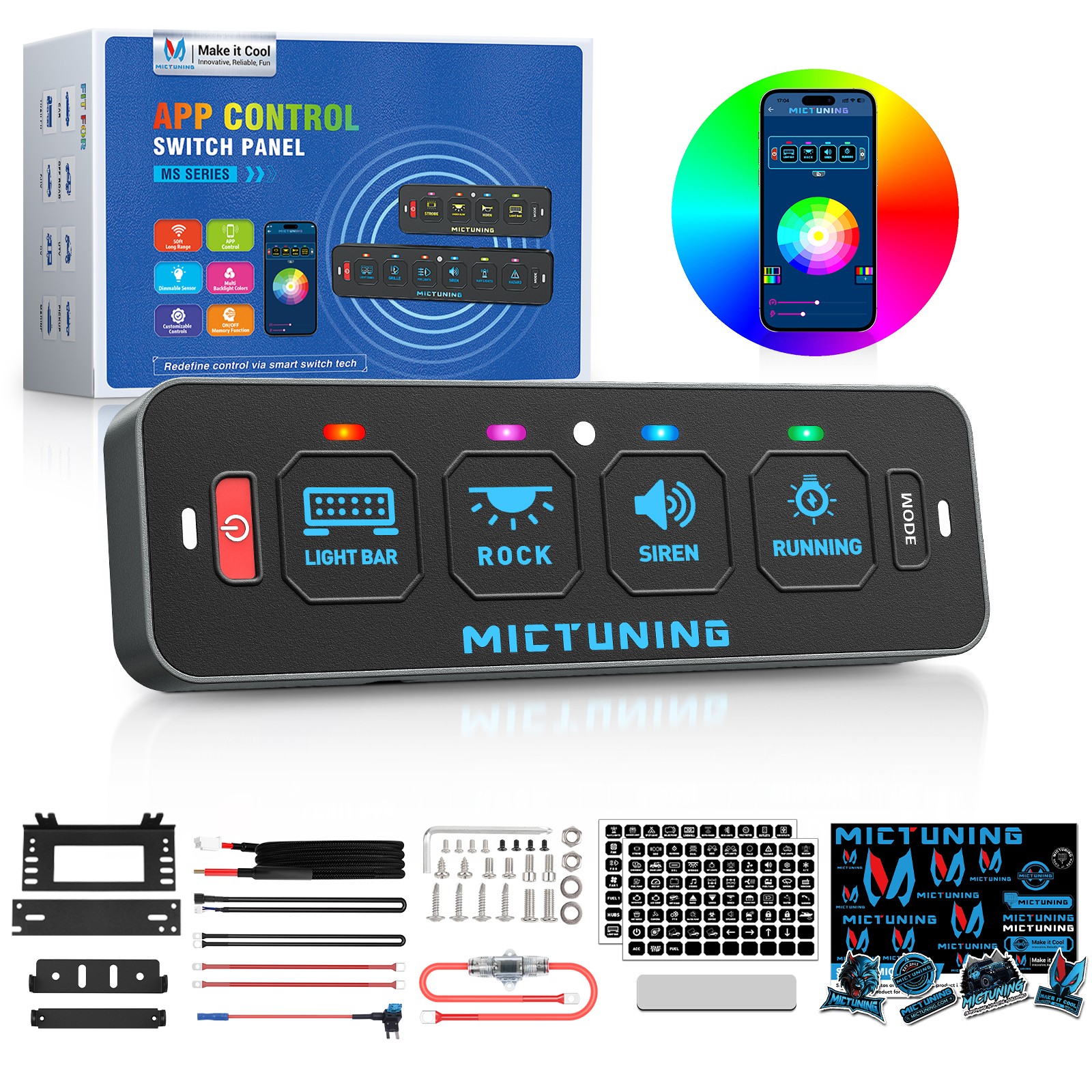 4 Gang RGB Slim Switch Panel 12V APP Toggle LED Light Circuit Relay System Truck