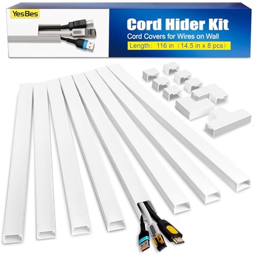 116in Cord Hider Kit, Cord Covers for Wires on Wall, Paintable Cable White
