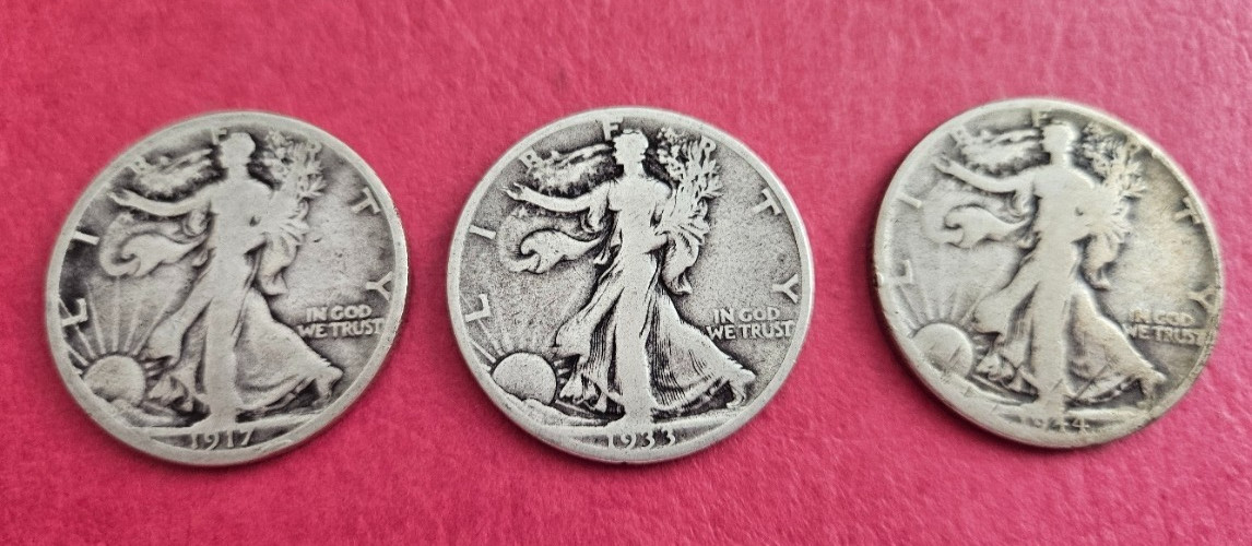 3 Walking Liberty Half Dollars - Circulated - 1917-S   1933-S   1944