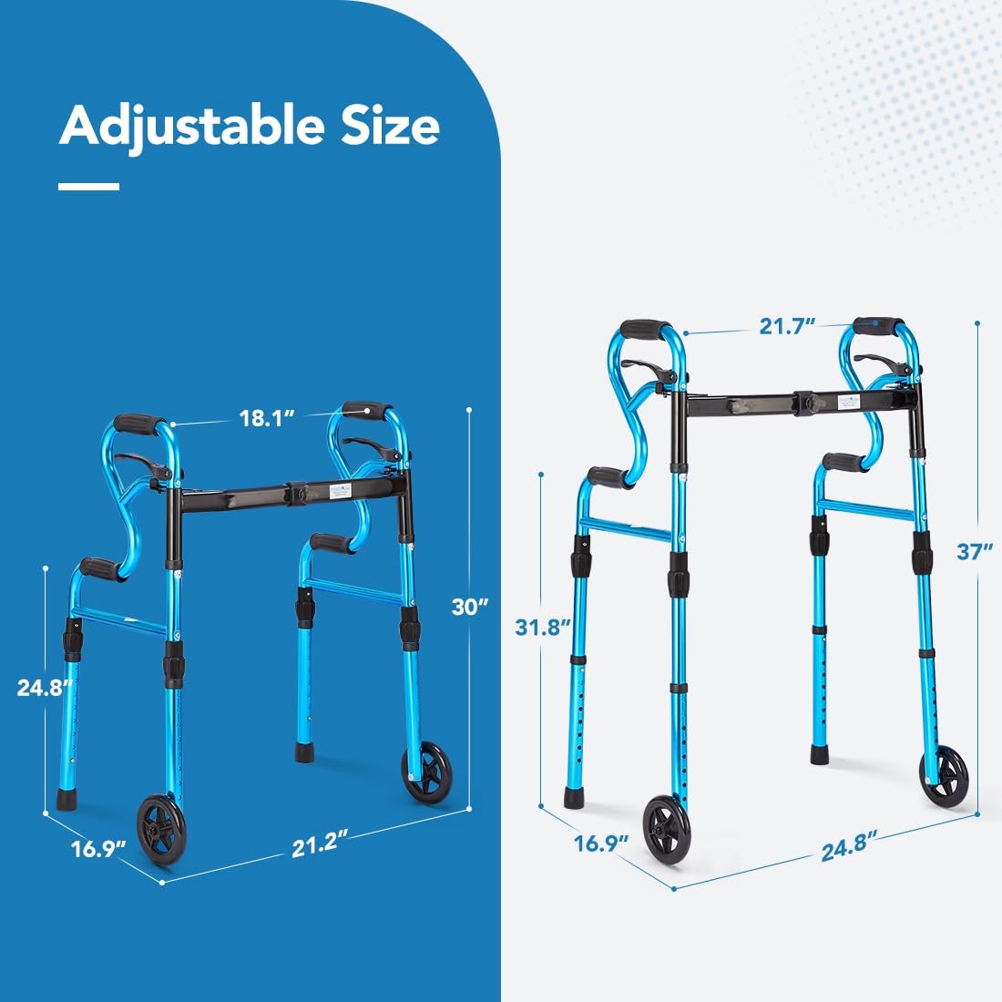 3 in 1 Folding Walker with 5” Front Wheels by Width Adjustable Compact Stand
