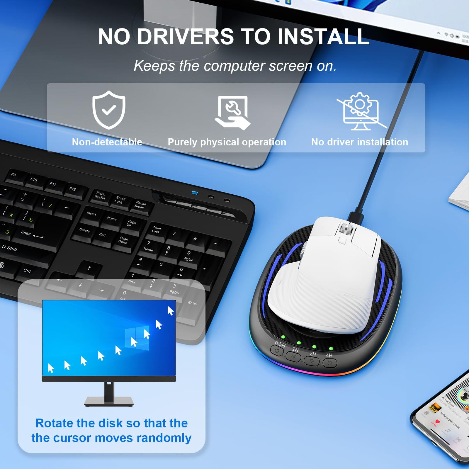 Undetectable Mouse Mover,Ultra-Thin & Silent Mouse Jiggler with Timer,Driver-...