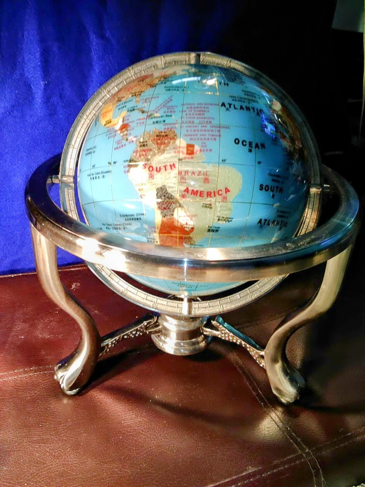 Tabletop World Globe Rotating Decorative Blue Silver Metal Base Freestanding