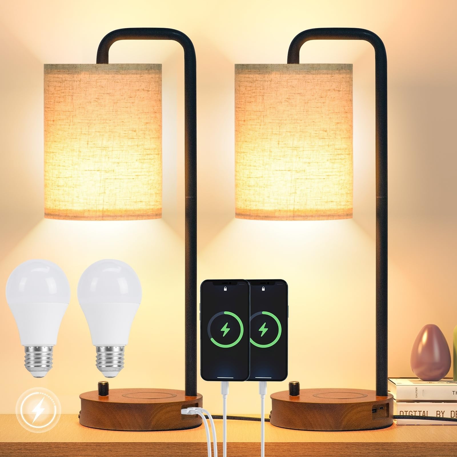 Table Lamps Set of 2 with USB Ports and Wooden Base, Bedside Nightstand Lamps...