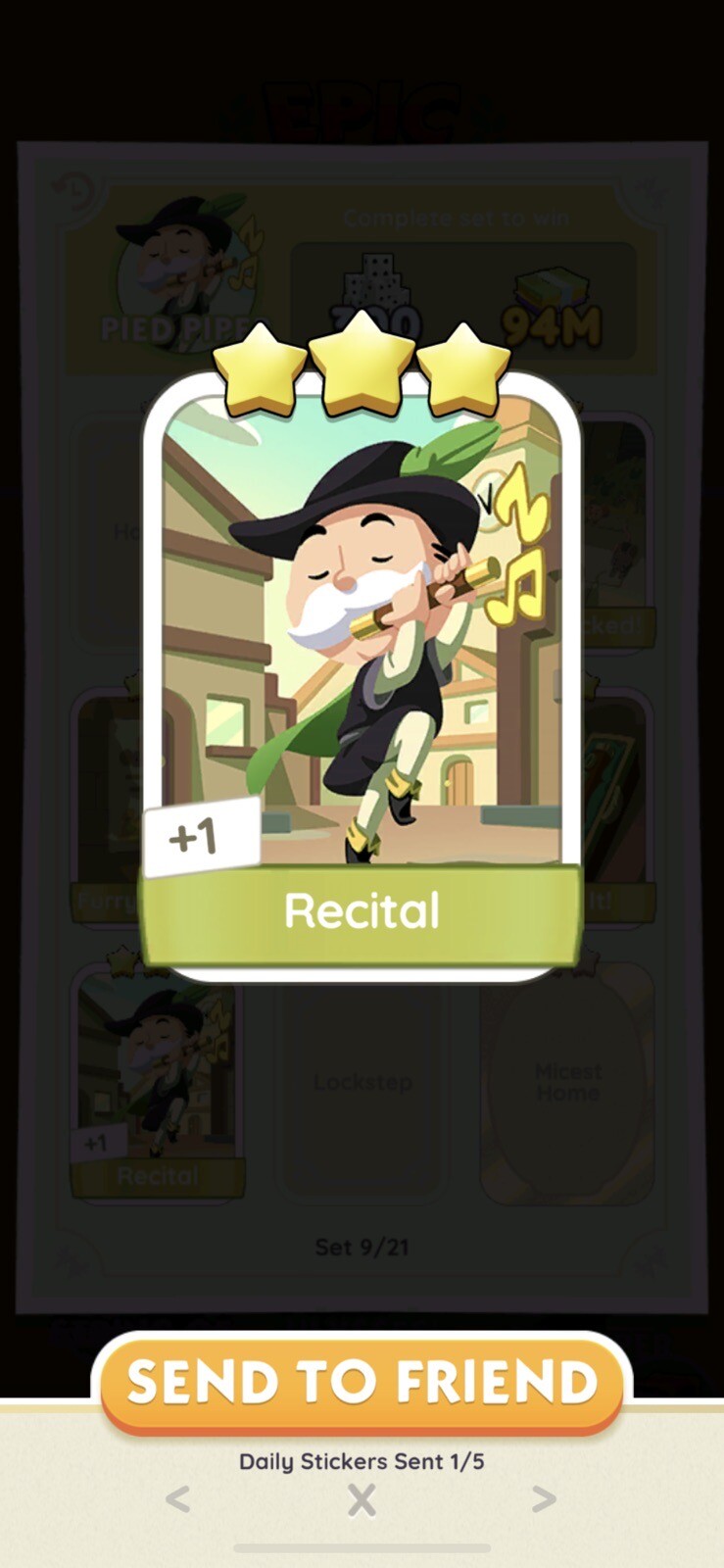 Monopoly GO Sticker - Set 9 - Recital 3⭐️⭐️⭐️ (Pied Piper)