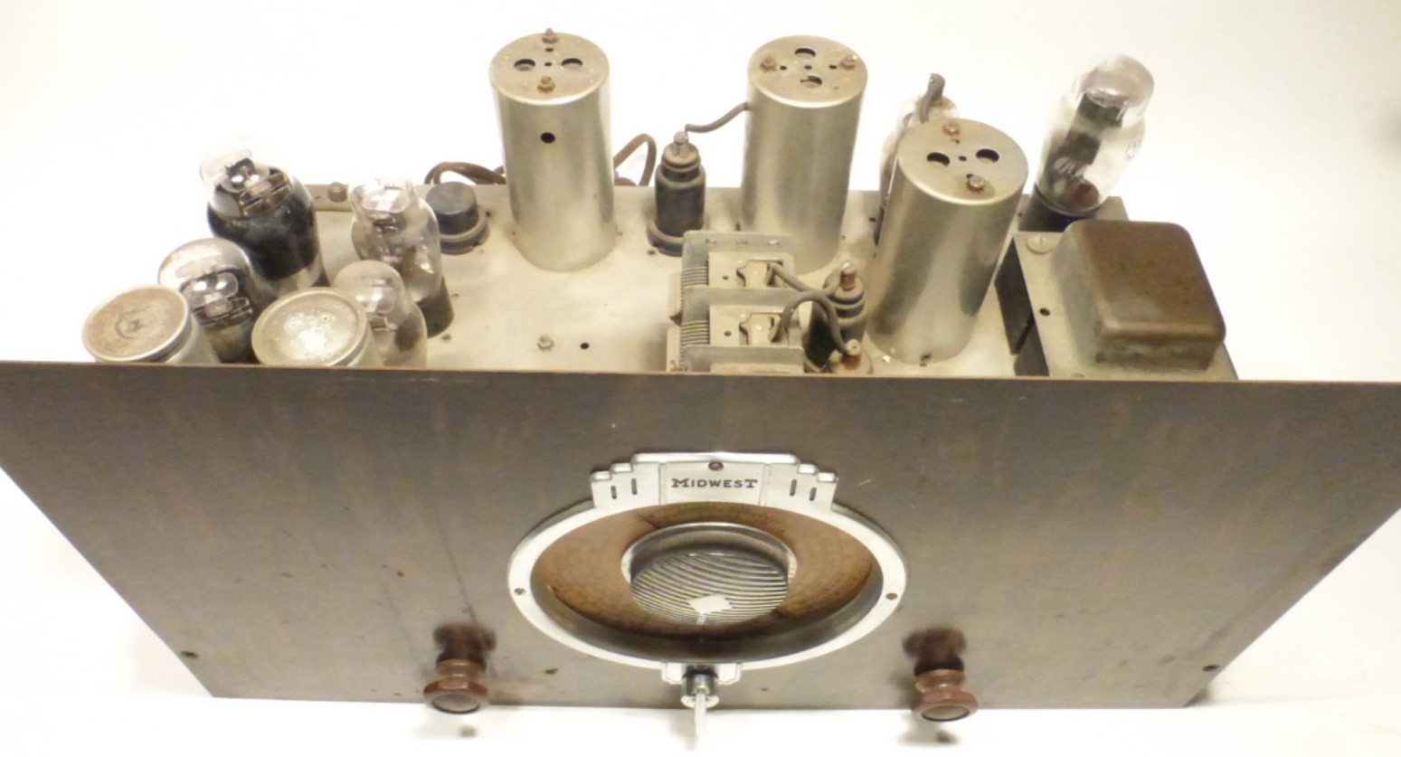 vIntage MIDWEST model 11-37 CHASSIS: GOOD TUNING, KNOBS, GRAPHIC, ALL 11 TUBES