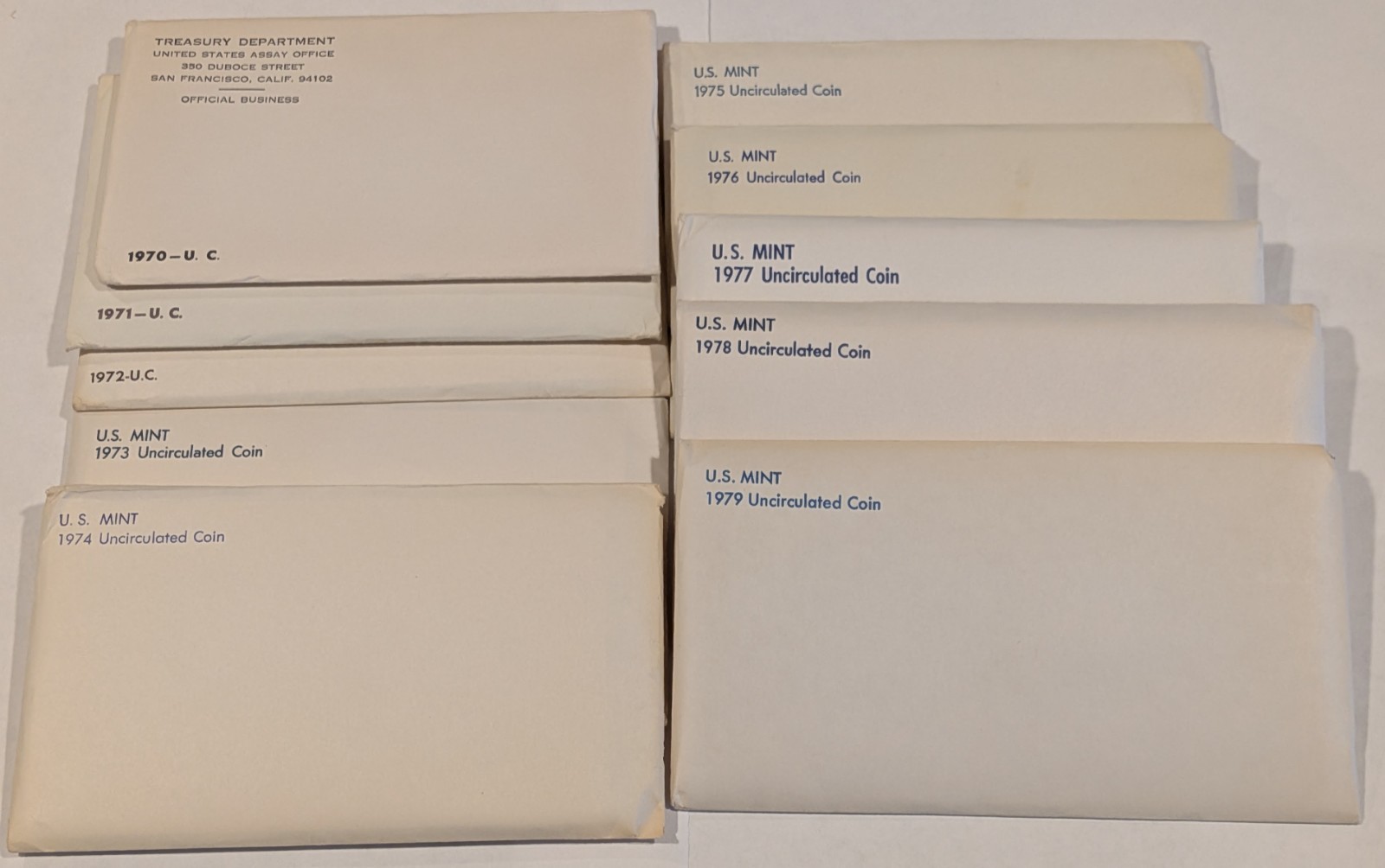 1970-1979 Lot of 10 US Mint P & D Sets Decade 118 Coins Original Mint Envelopes