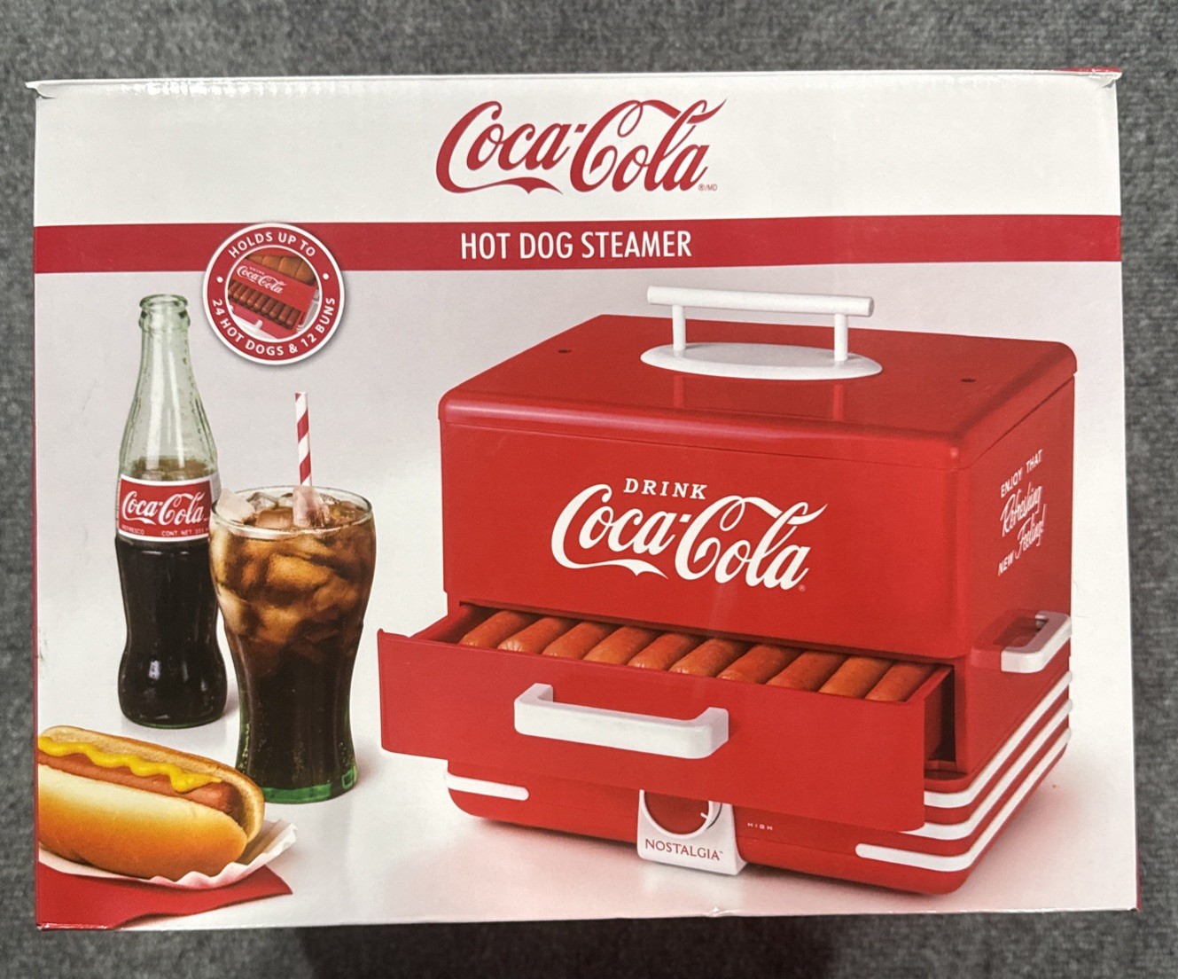 Nostalgia HDS248COKE Hot Dog Steamer - Red Coke Coca Cola 24 Dogs & 12 Buns