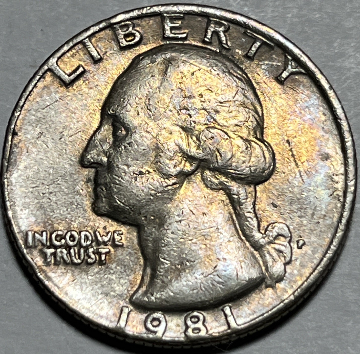 1981 P Washington Quarter Errors DDR Strike Through Grease Rainbow Toning