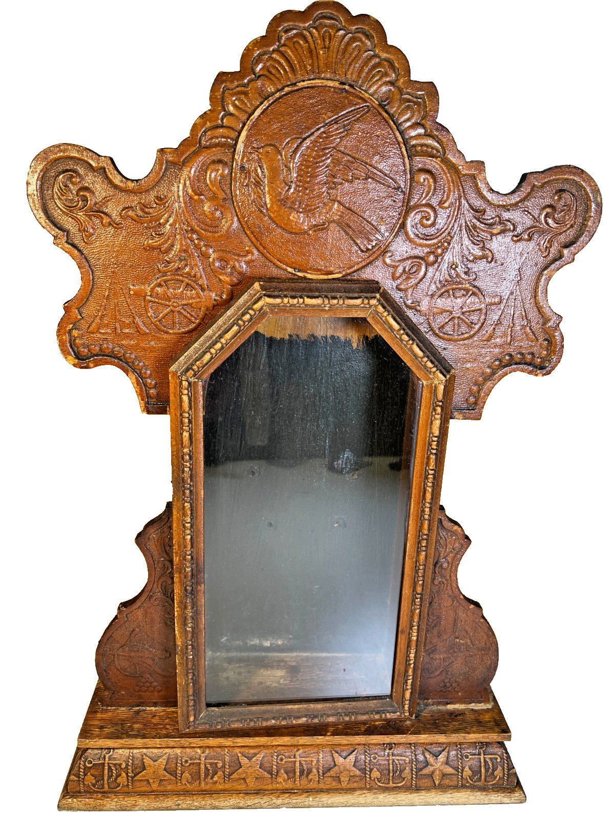 Large Standing Antique Pressed Wood Display Case Box  Stars Anchors Bird Motifs