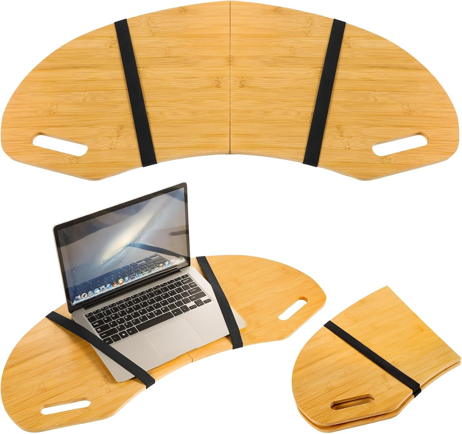 29.5" Wood Curved Lap Desk Table Tray with Handles Wooden Foldable
