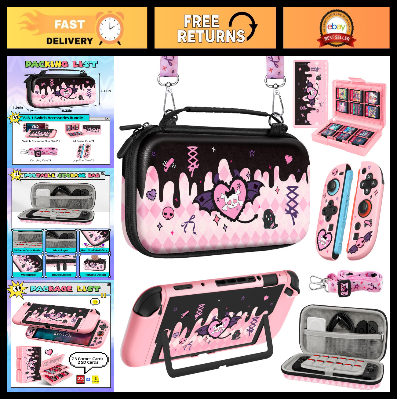 6-in-1 Nintendo Switch Accessories Bundle - Cute Carrying Case, Joy-Con Grips, G