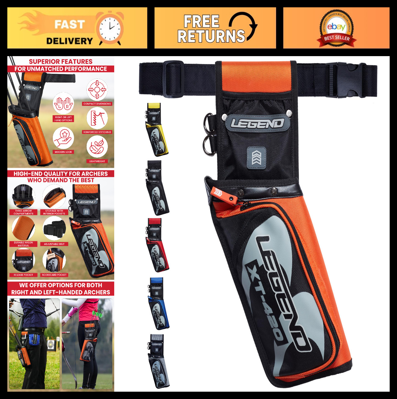 Durable Archery Quiver for Left/Right-Handed - 3 Arrow Holder, Multiple Pockets,