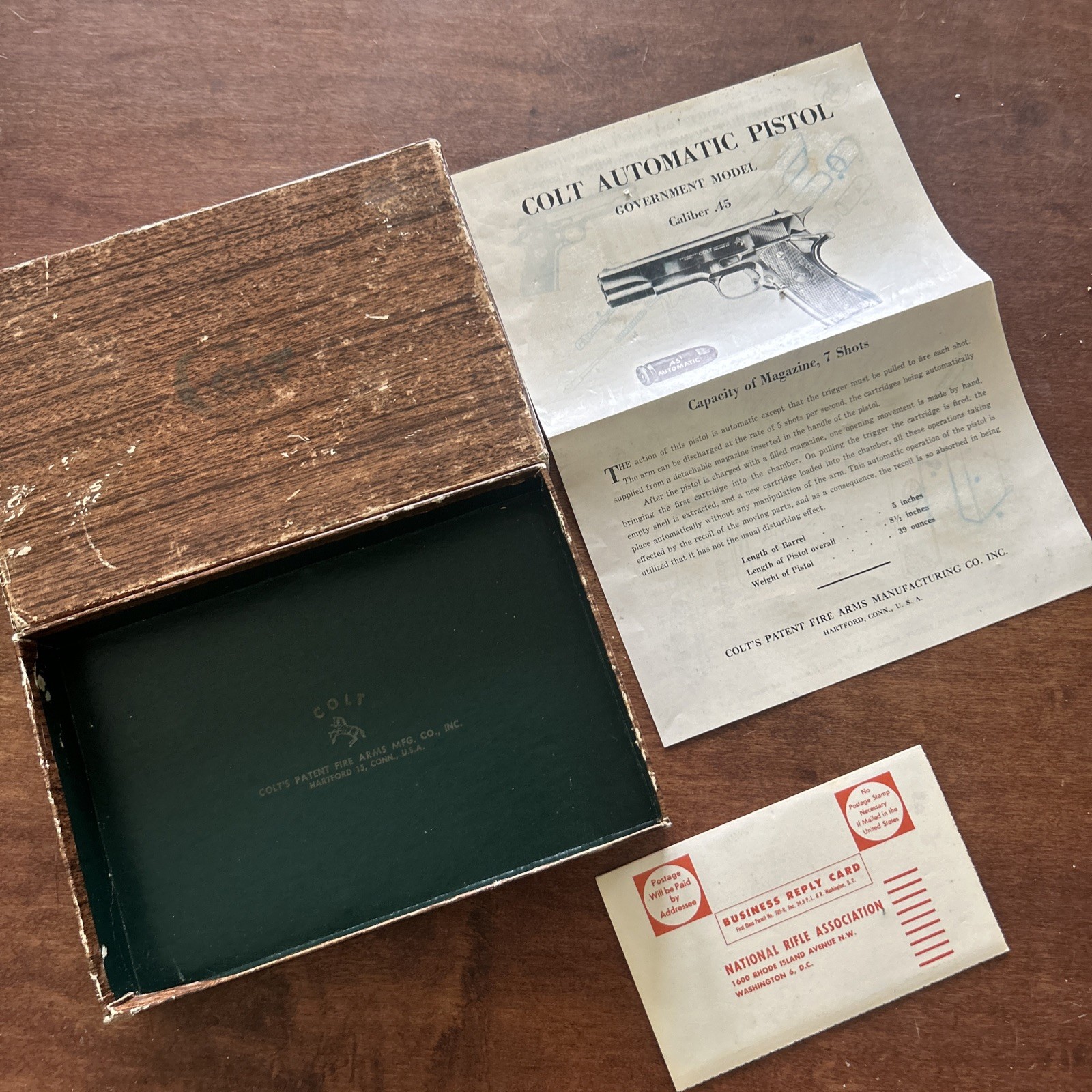Colt Government Model 45 Automatic Pistol Factory Box, Manual Paper Vintage 1911