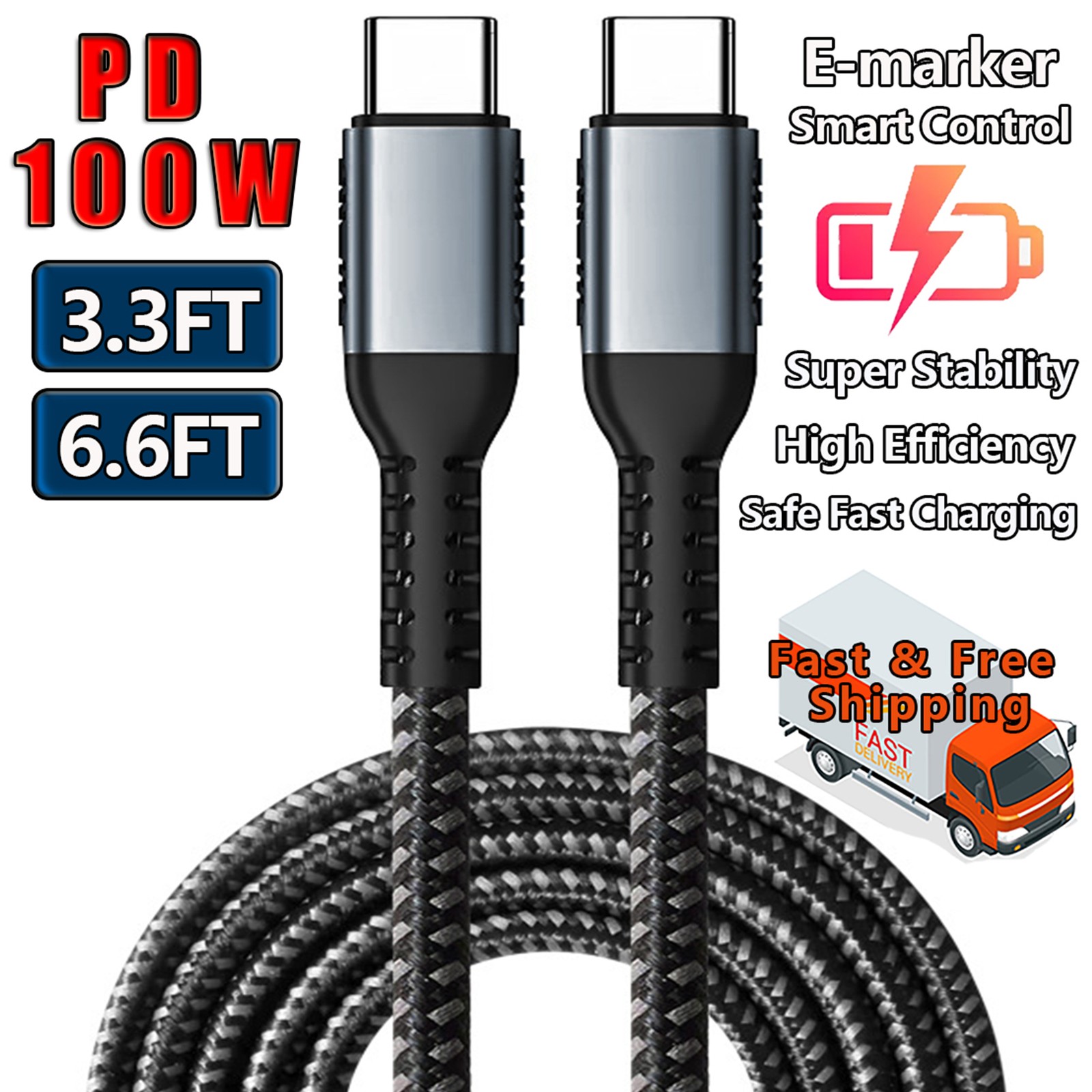 USB C Fast Charge 100W Cable 10ft Braided Type-C Power Cord for Samsung iPhone