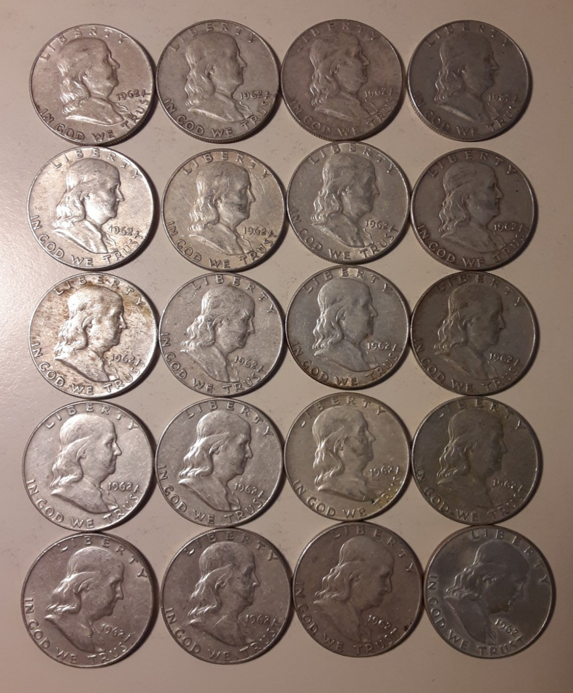1962-D $10 Face Value 90% Silver Franklin Half Dollars various grades (#12-RDF)