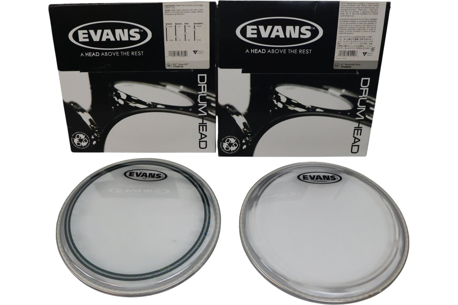 Evans Drum Head EC2 and EC Resonant 10 Inch Set Clear Percussion