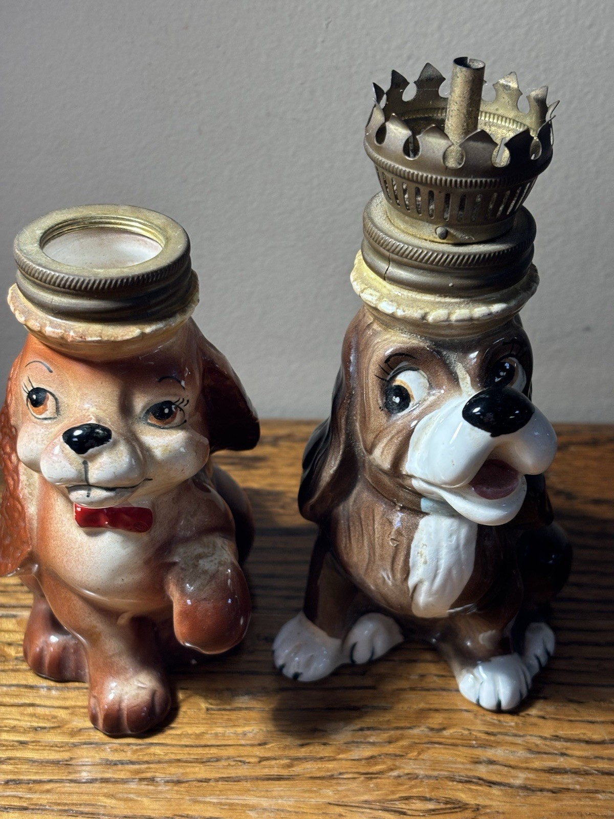 Pair of Japan Ceramic Cocker Spaniel oil lamp bases, not functional